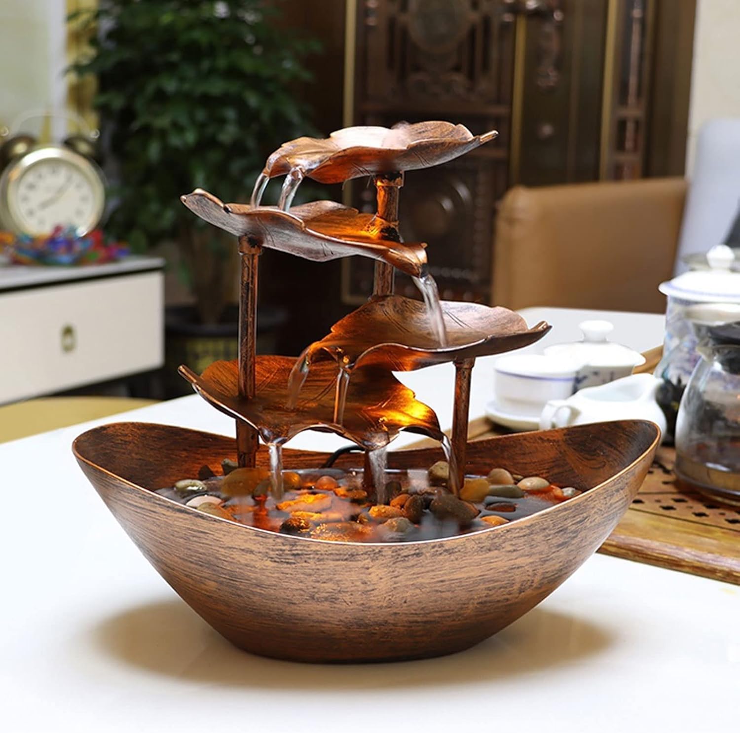 Silver Lotus Leaf Shaped Tabletop Water Fountain Lamp
