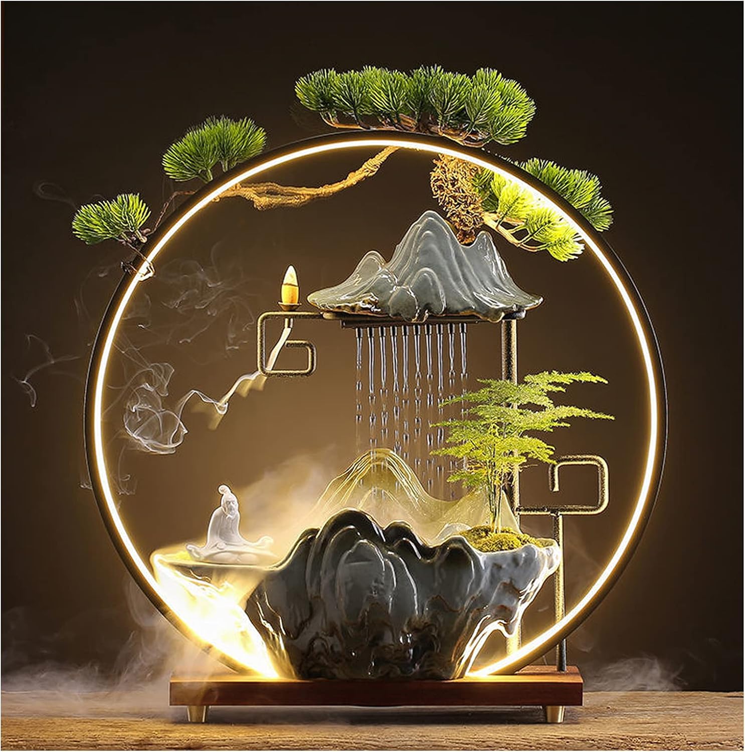 HSINYA Tabletop Waterfall Fountain with LED Light and Mist