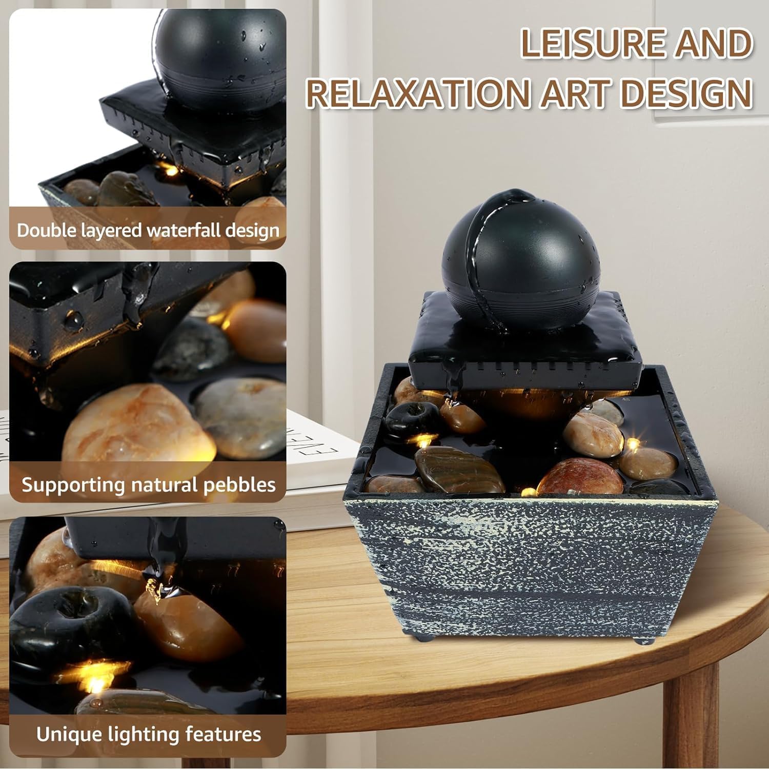 Bocnity Tabletop Ball Fountain with LED Lights for Zen Meditation and Relaxation