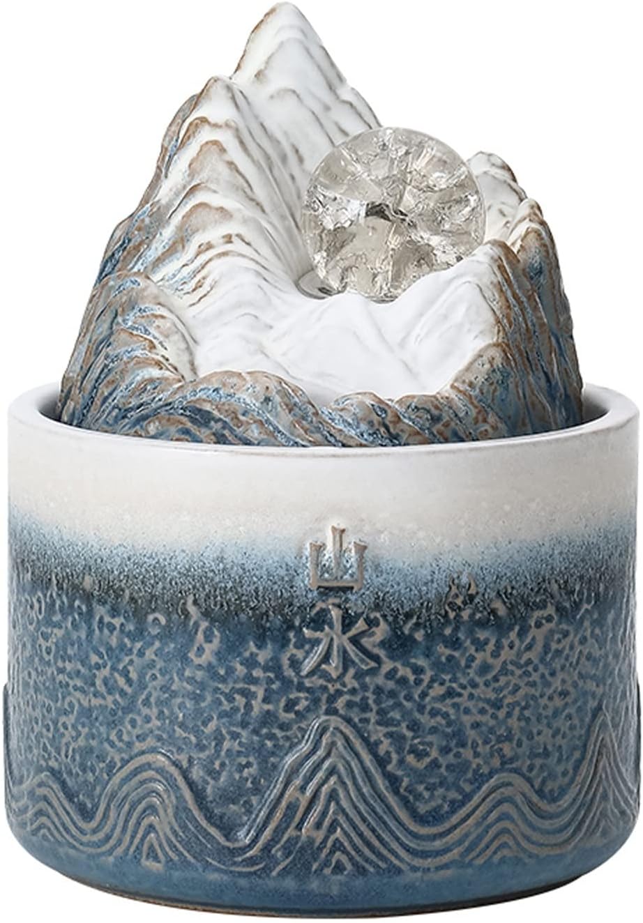 Blue Ceramic Tabletop Fountain with Rolling Ball Meditation