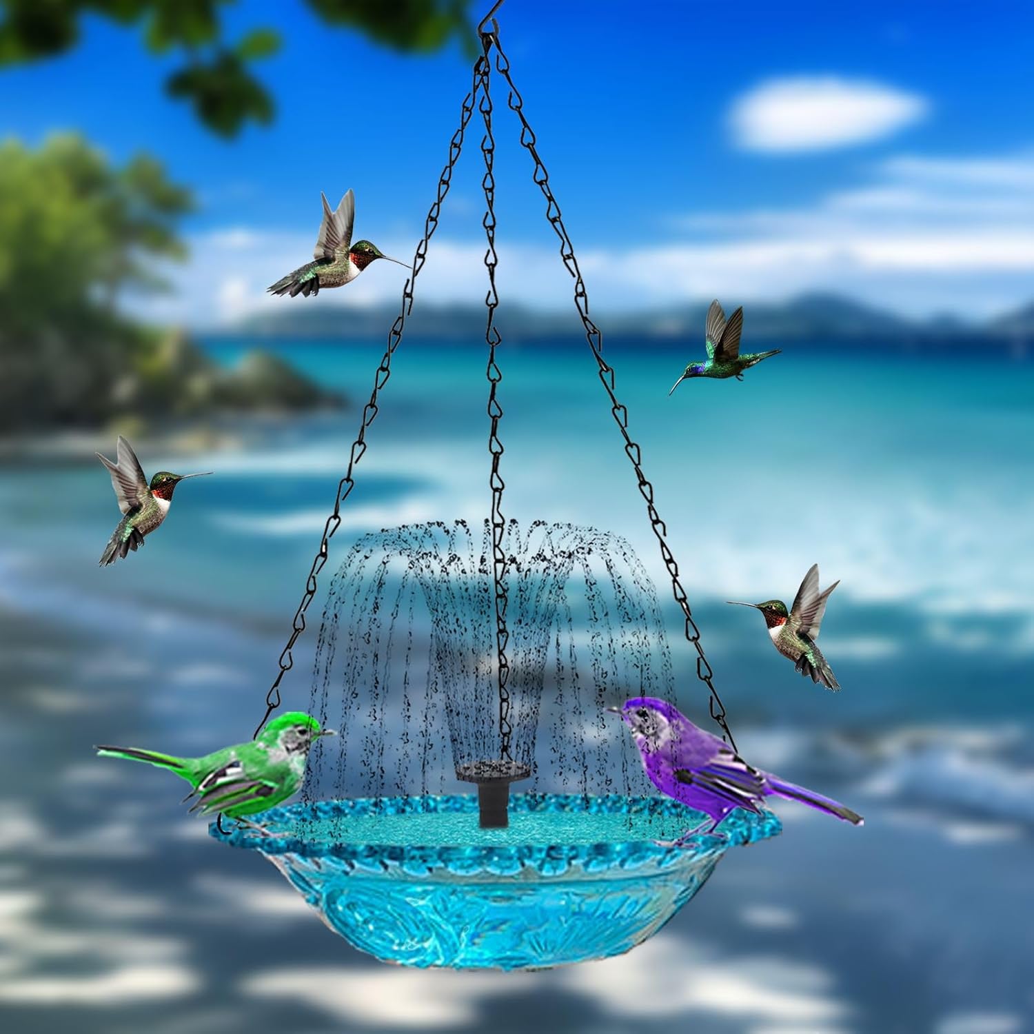 Solar-Powered Hummingbird Bath Fountain Feeder Blue