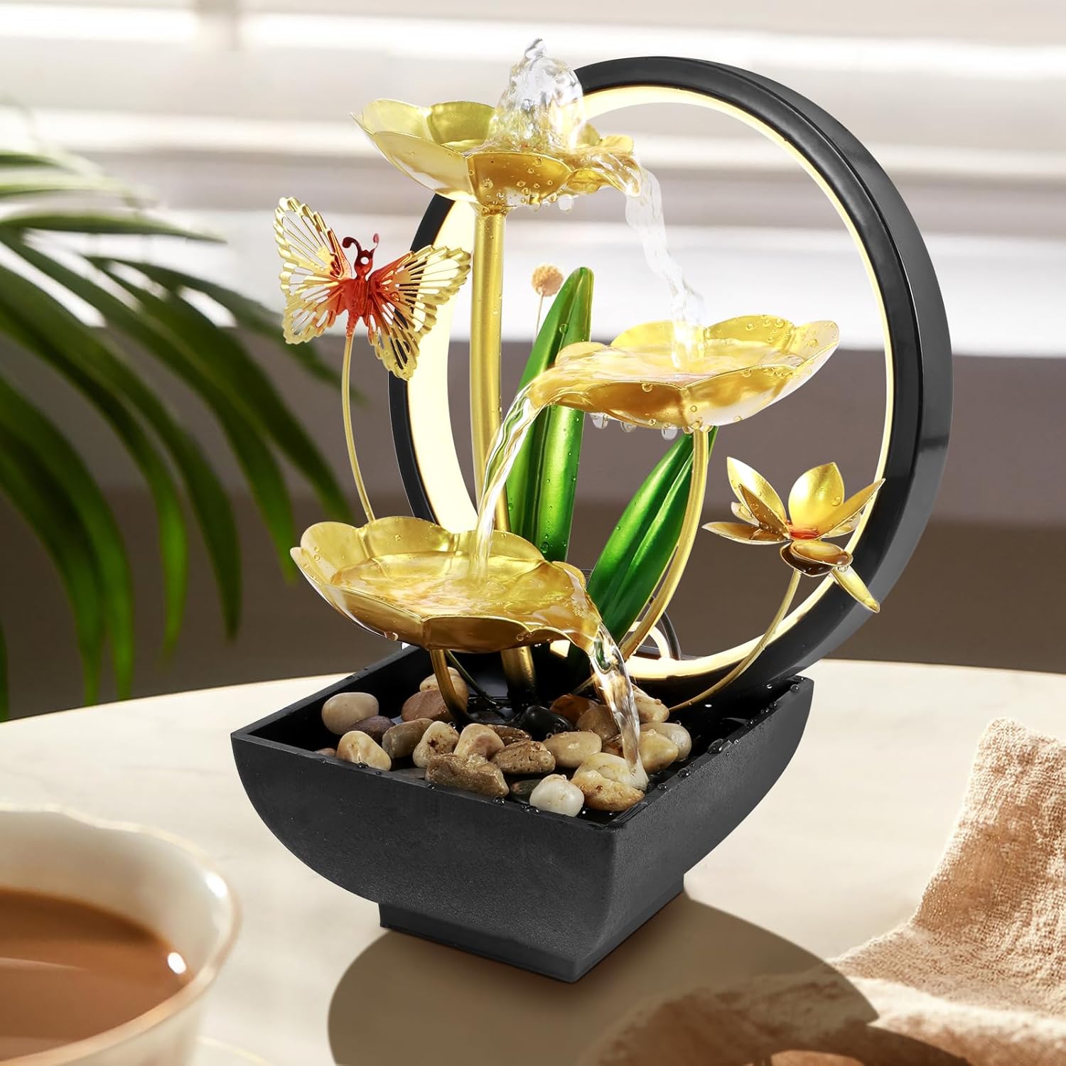 SHASUXTING USB Powered Tabletop Water Fountain with LED Light and Natural Rocks 11 Inch Tall