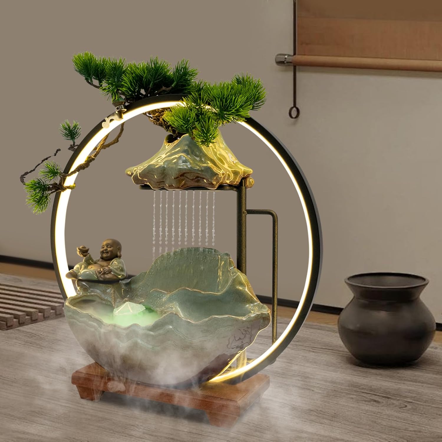 Tabletop Water Fountain with LED Light and Mist for Feng Shui and Relaxation