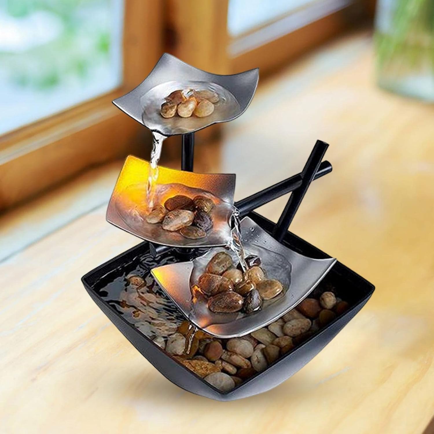 Generic Small Relaxation Tabletop Fountain USB Illuminated with Light Black Silver