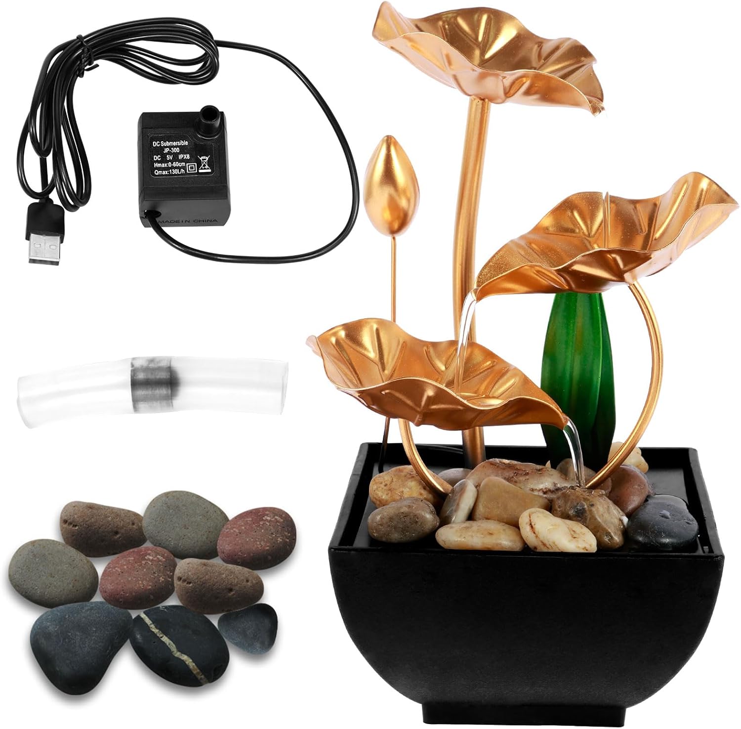 Golden 3-Leaf Lotus Tabletop Fountain USB Powered