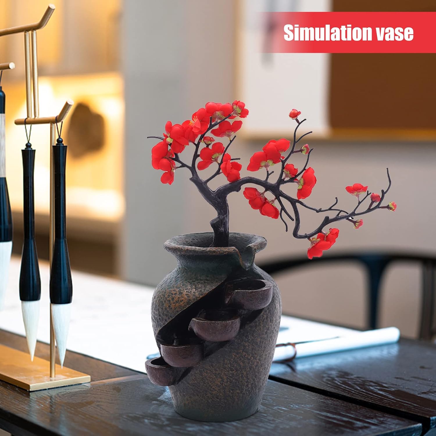ZeStarDair Tabletop Water Fountain with 4 Layers and Simulated Plum Blossoms