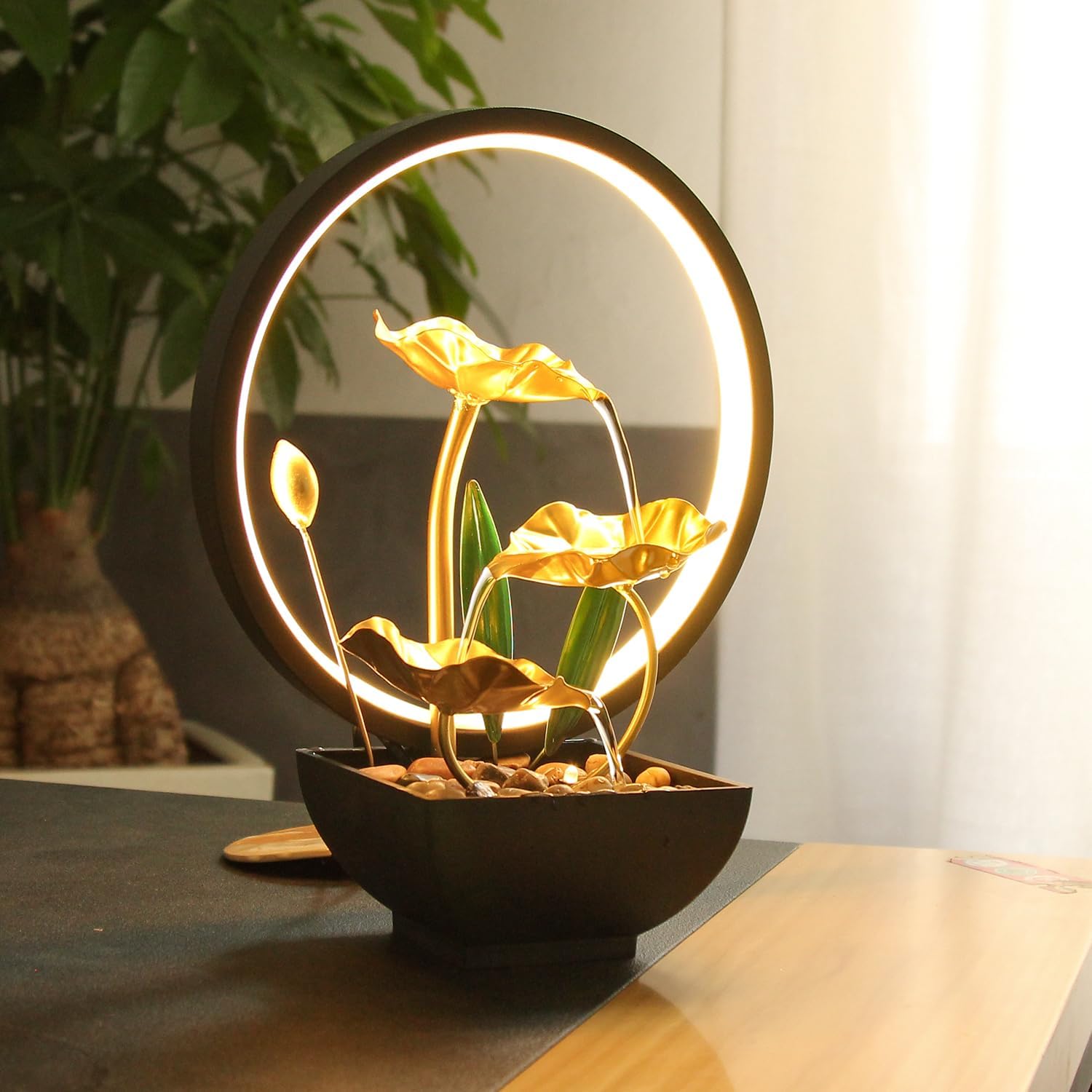 TiCin USB Powered 3-Tier Tabletop Fountain with LED Lights and Natural Rocks