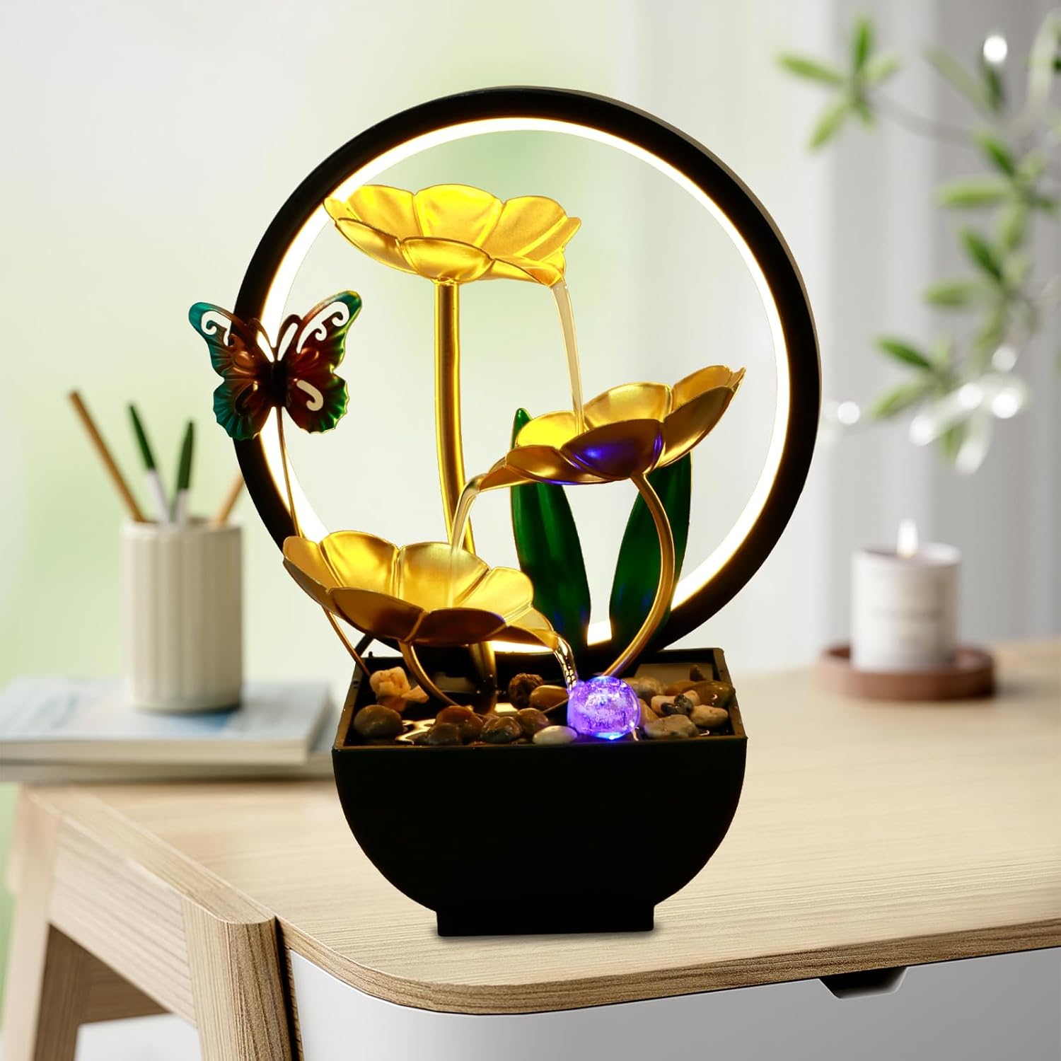 Butterfly Tabletop Water Fountain with USB Power and LED Light