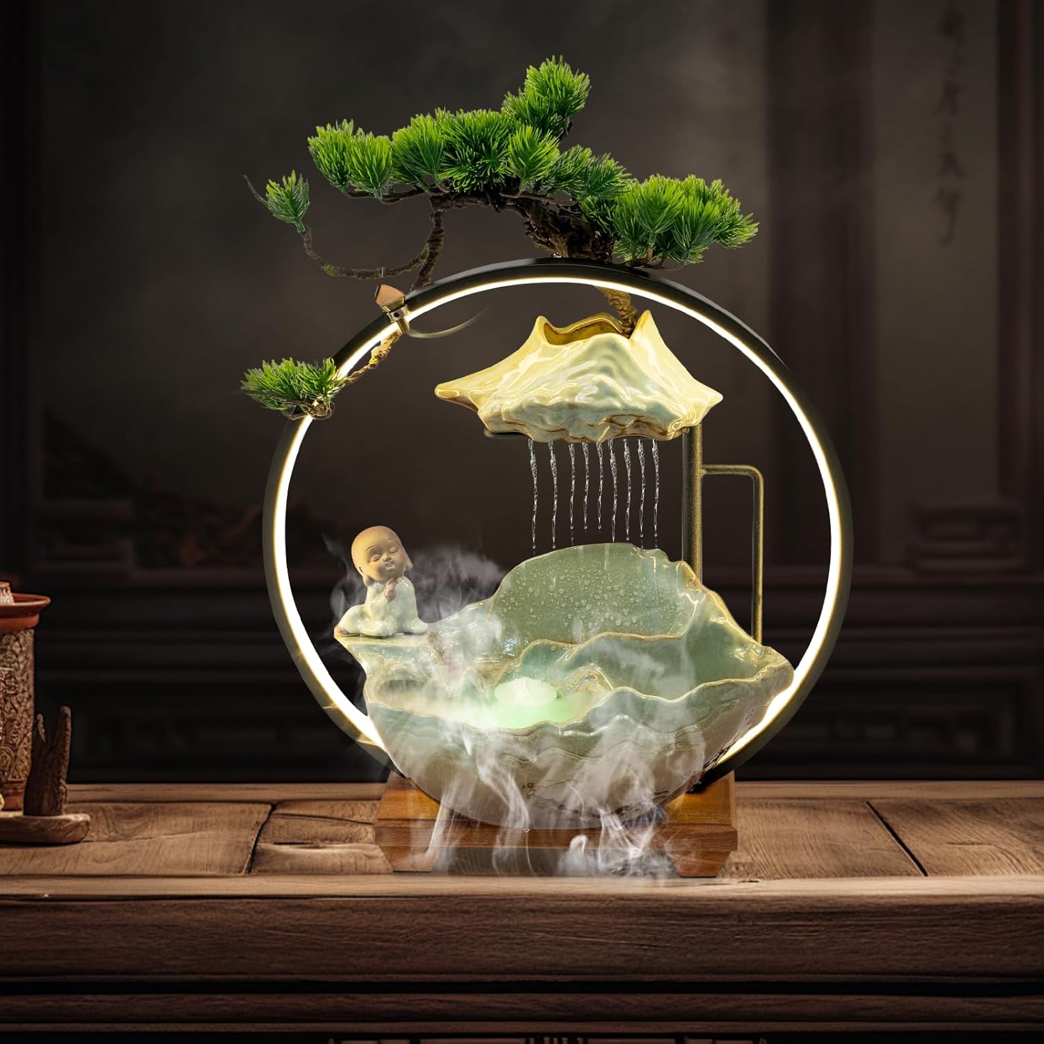 Bacacoo Desktop Water Fountain with LED Light and Meditation Monk Statue