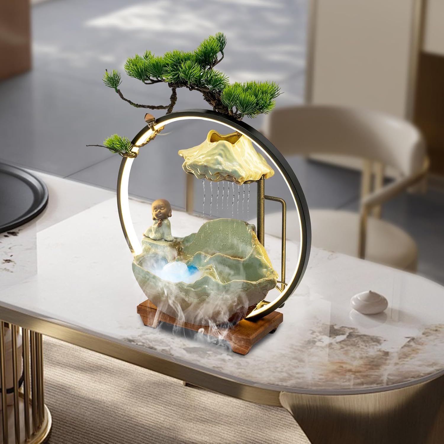 Tabletop Water Fountain with Monk Sculpture and LED Lights