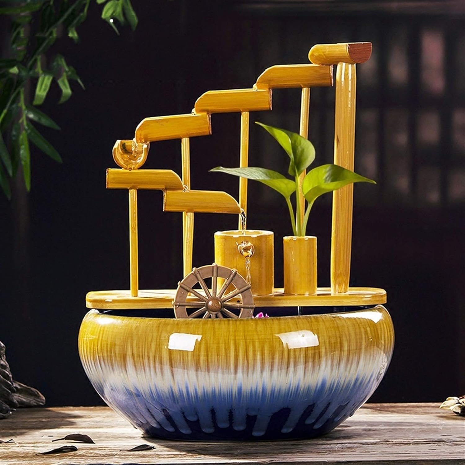 Elegant Indoor Bamboo Fountain with Ceramic Base