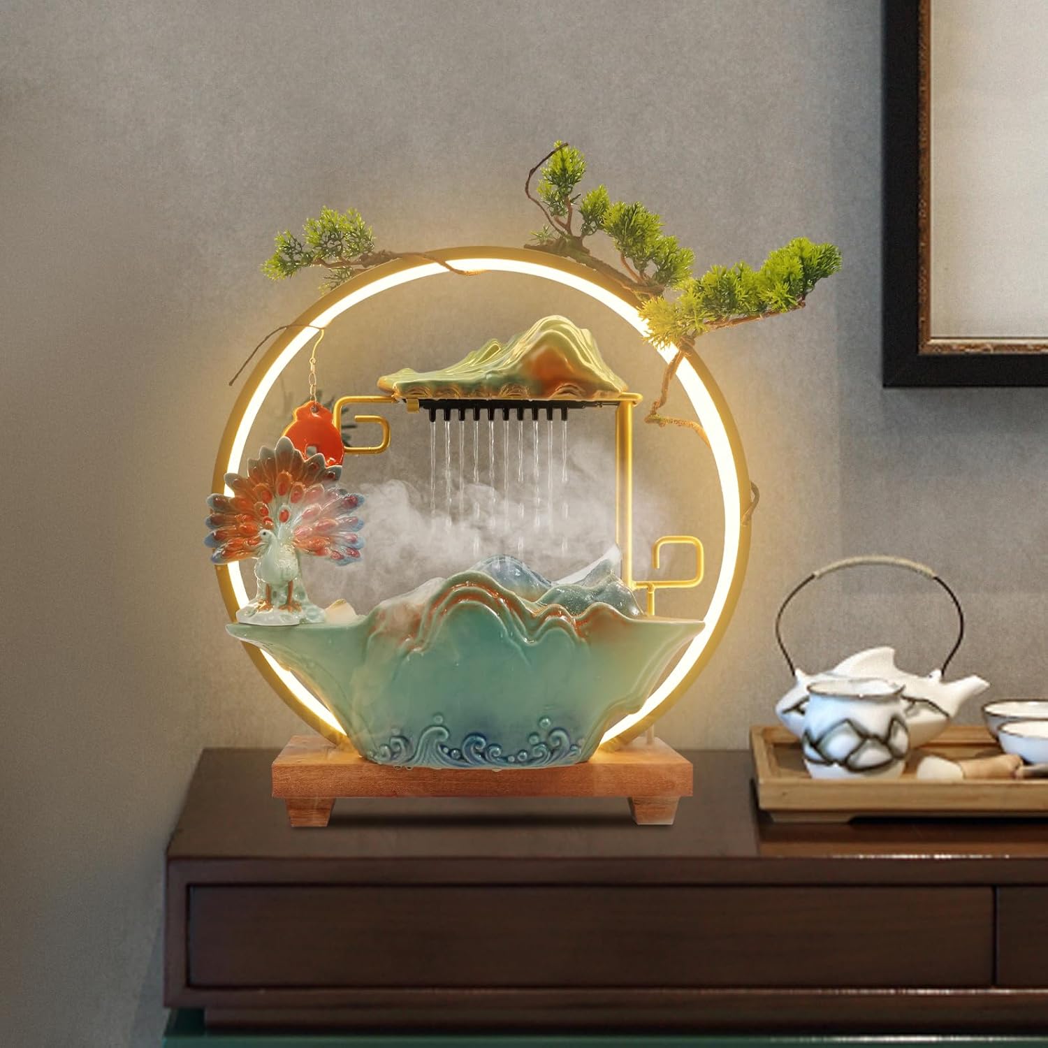 Peacock Tabletop Fountain with LED Lighting