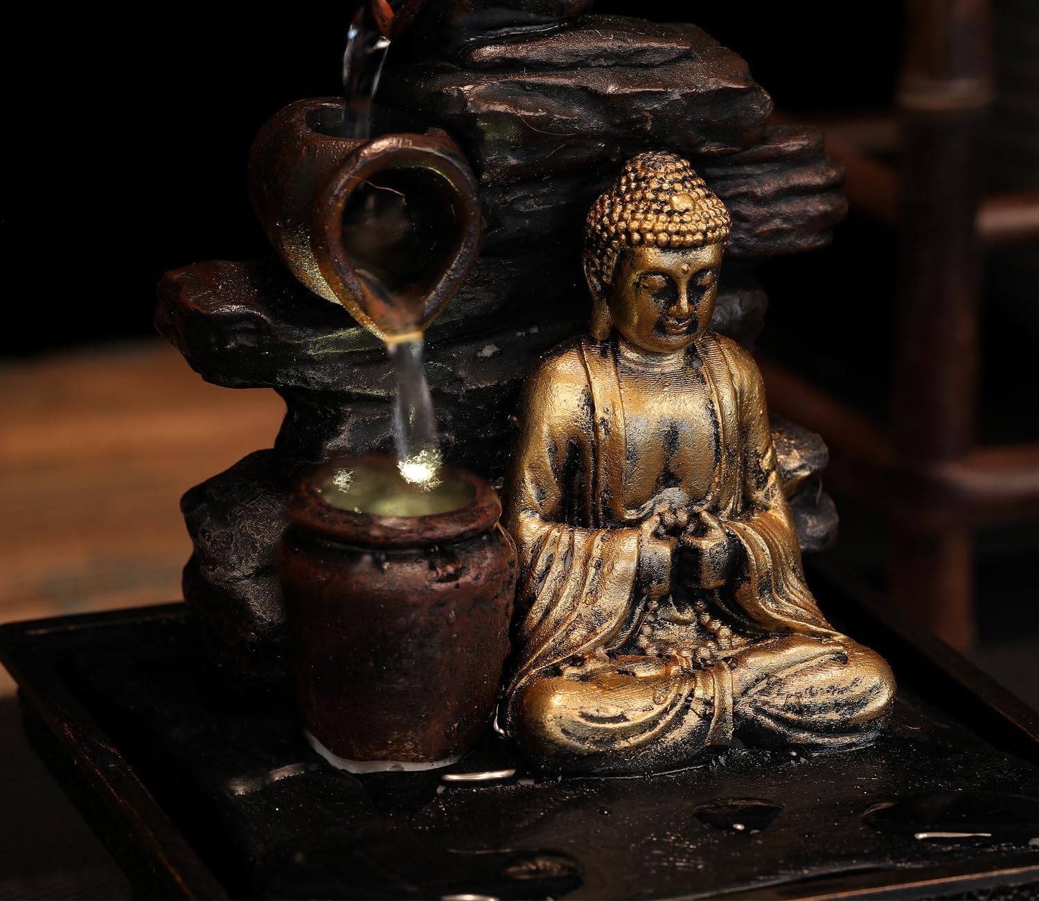 Seyee-bro Tabletop Water Fountain Buddha Statue Humidifier Decor 1