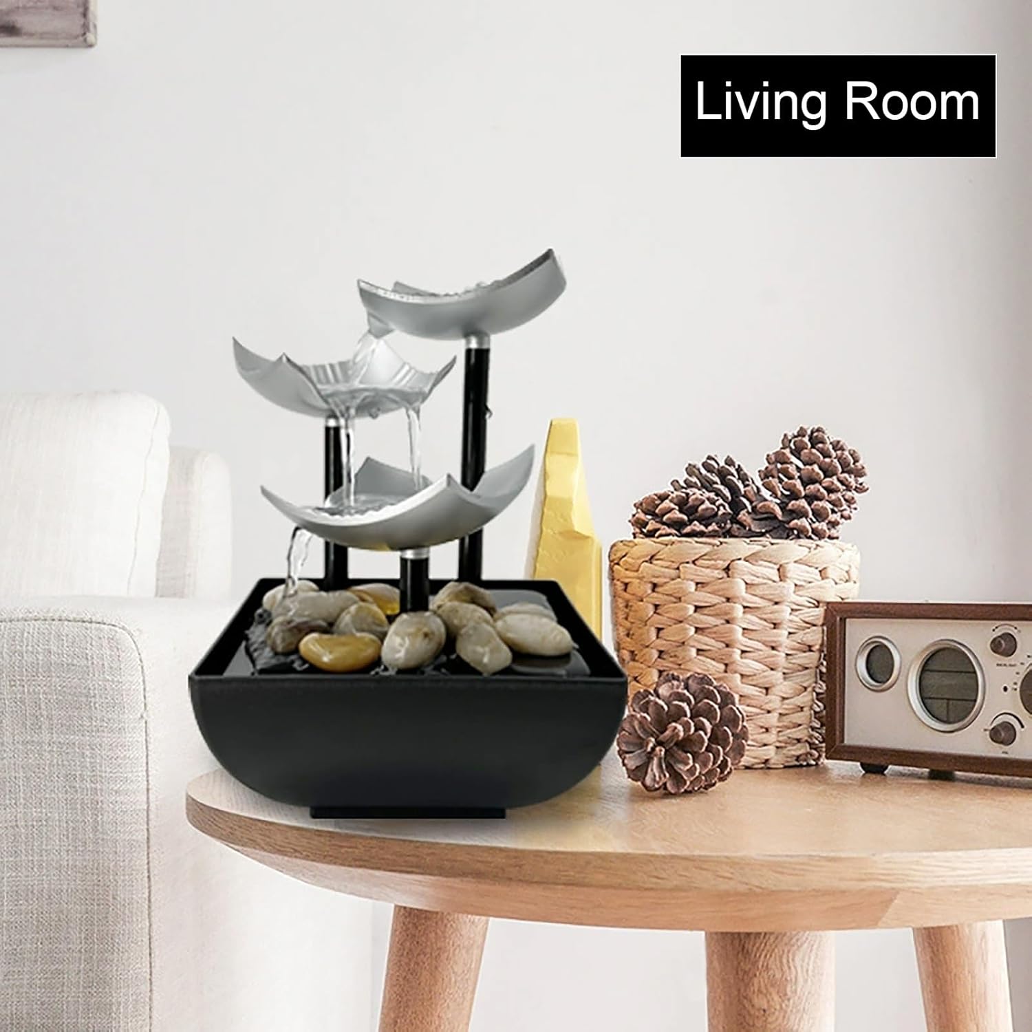 3-Layer Desktop Water Fountain with LED Lights and Pebbles - USB Powered Indoor Waterfall for Home Office Decor