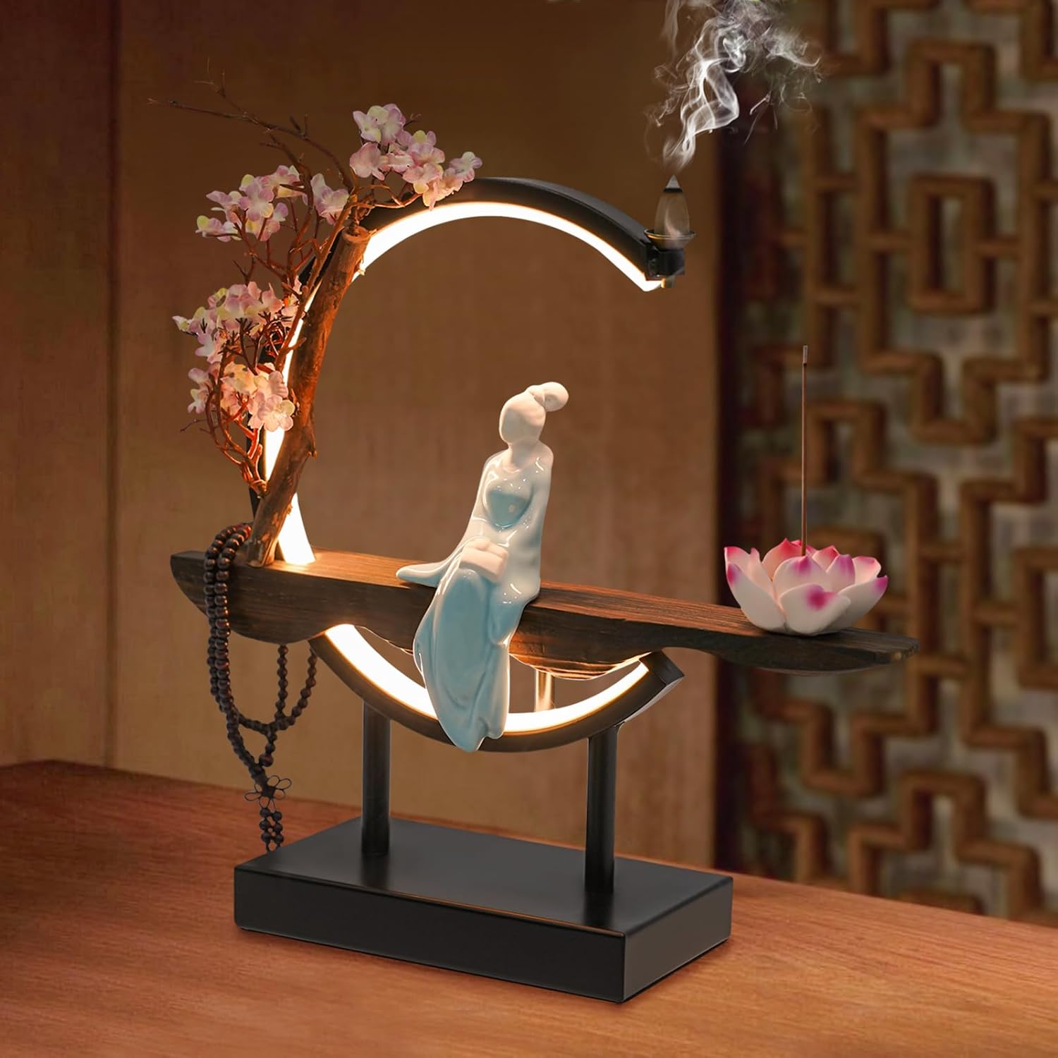 BenHookyle Tabletop Fountain with LED Light and Artificial Peach Blossoms