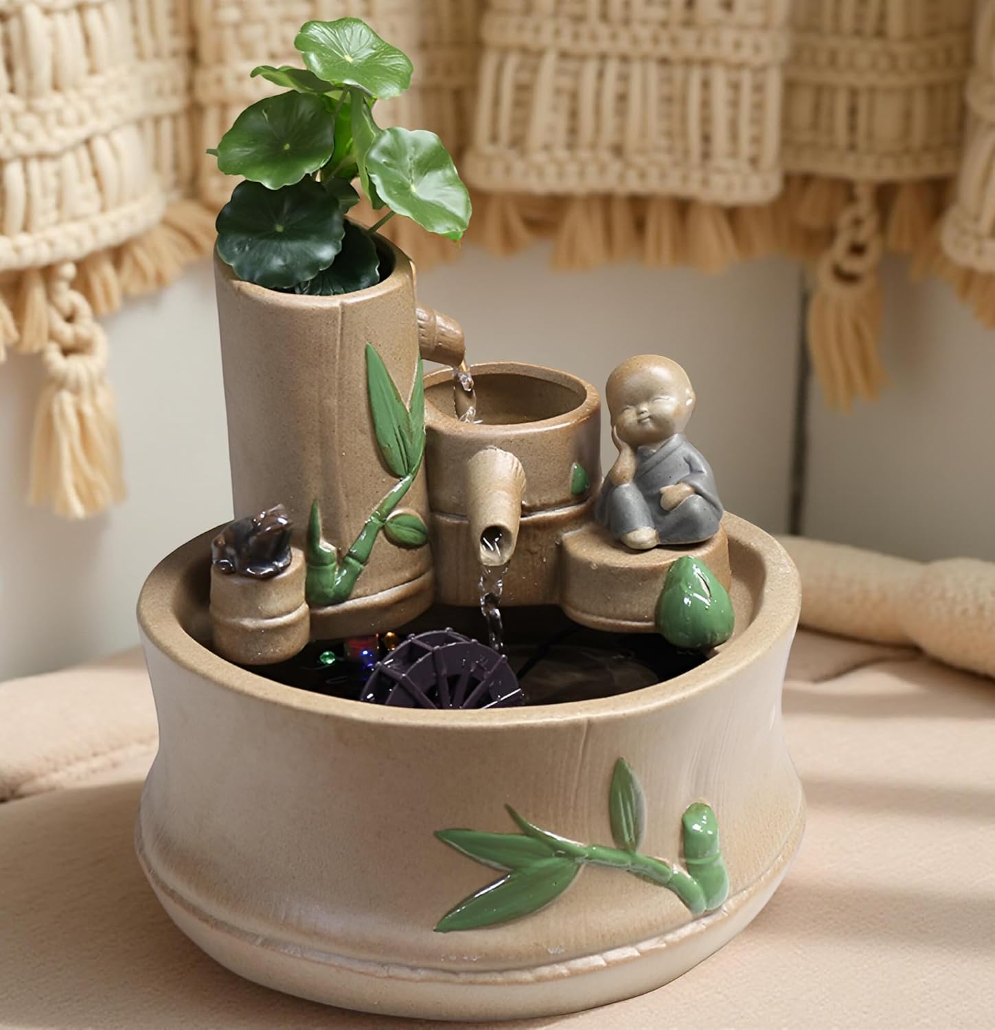 866 Inch Bamboo Tabletop Fountain with 3 Tier Waterfall and Frog Ornament