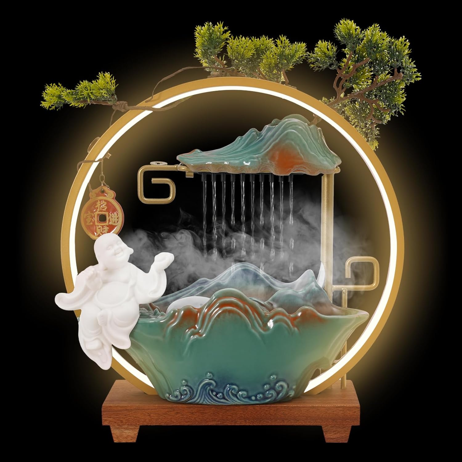 Chinese Style Landscape Deer Tabletop Water Fountain with LED Light and Mist