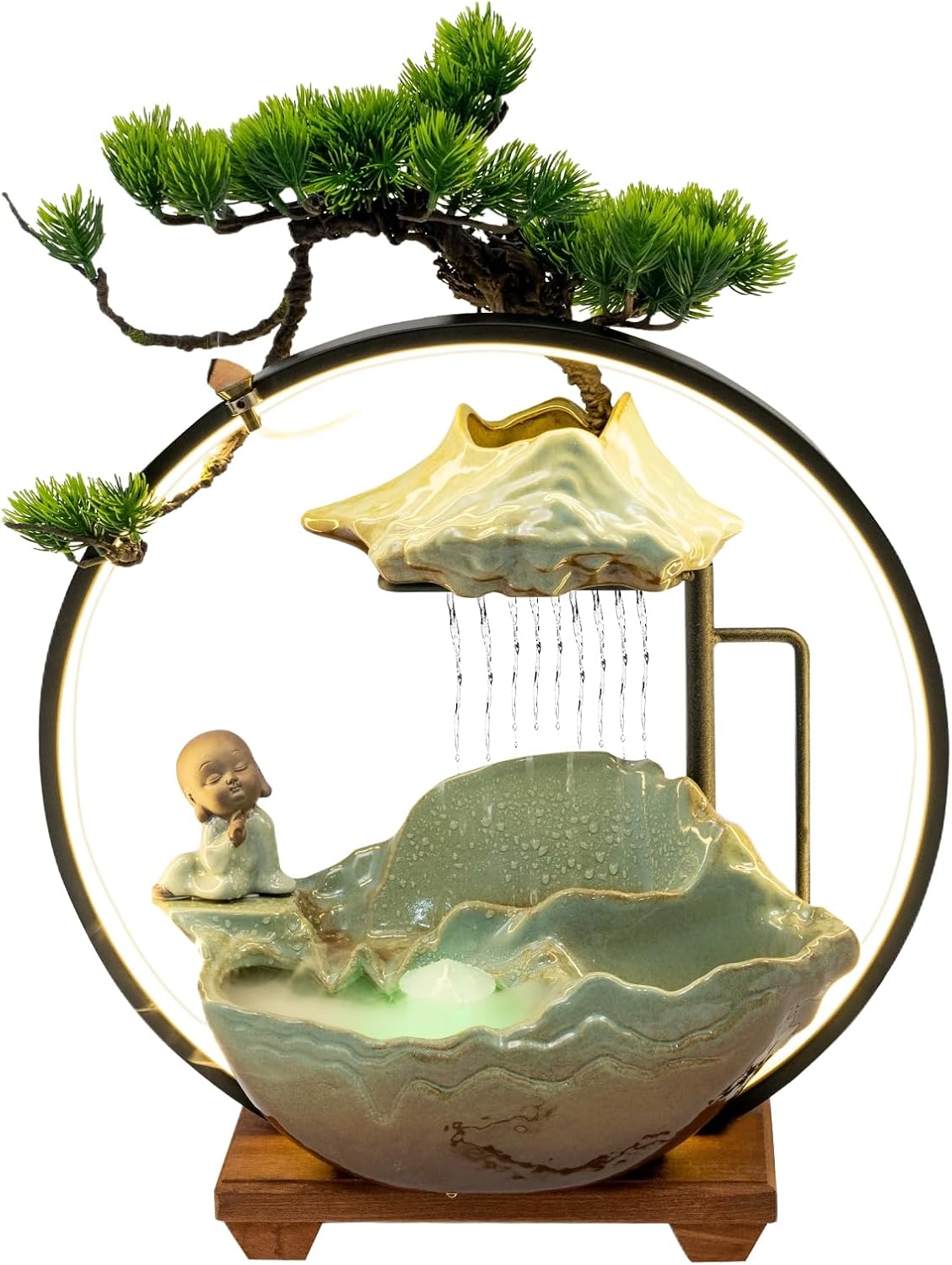 Bacacoo Desktop Water Fountain with LED Light and Meditation Monk Statue