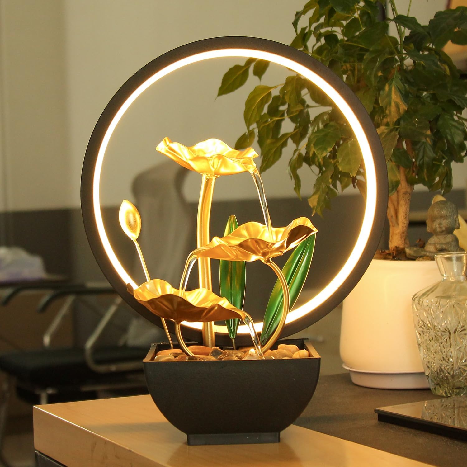 TiCin USB Powered 3-Tier Tabletop Fountain with LED Lights and Natural Rocks