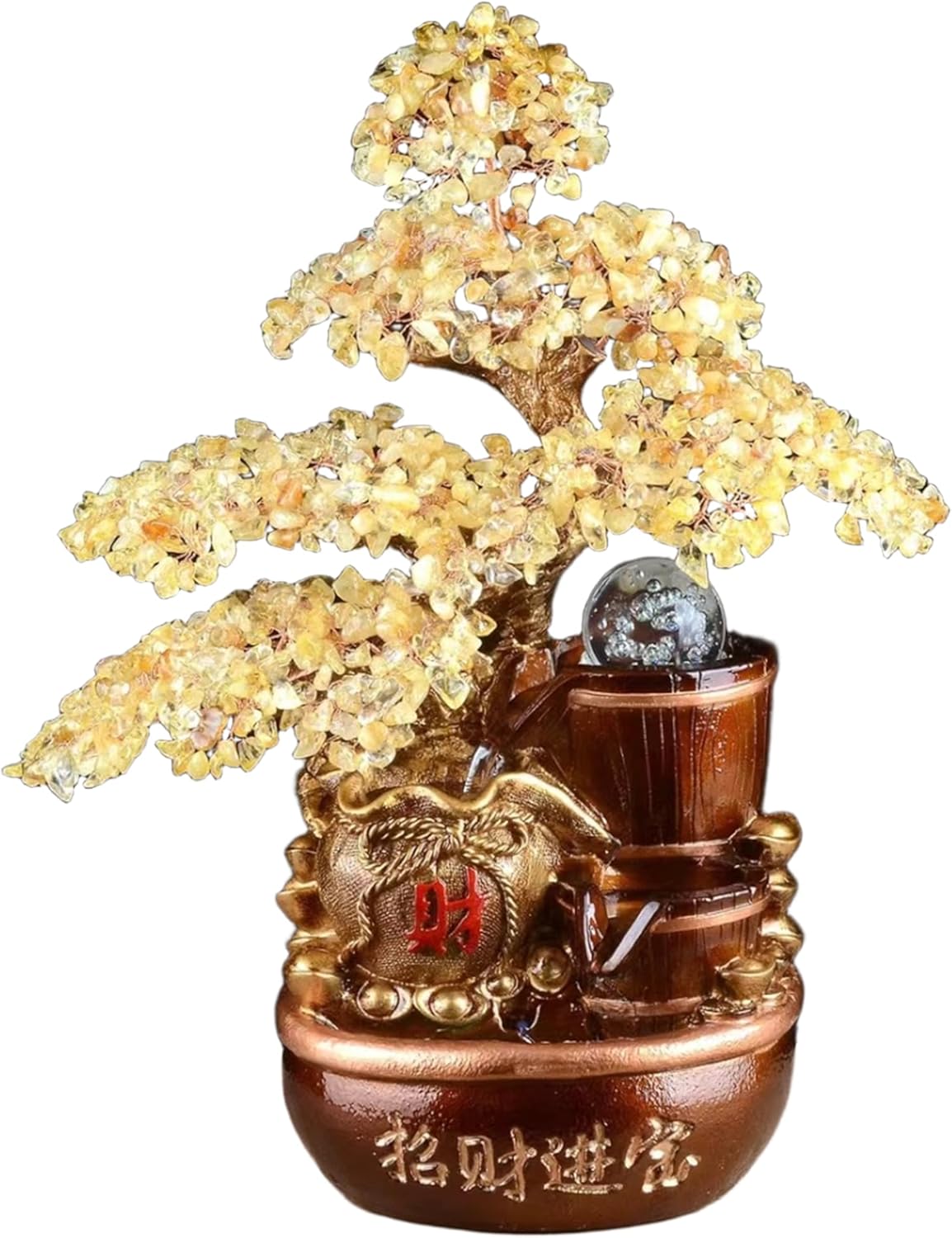 Gemstone Money Tree Water Fountain with LED Light and Lucky Bowl