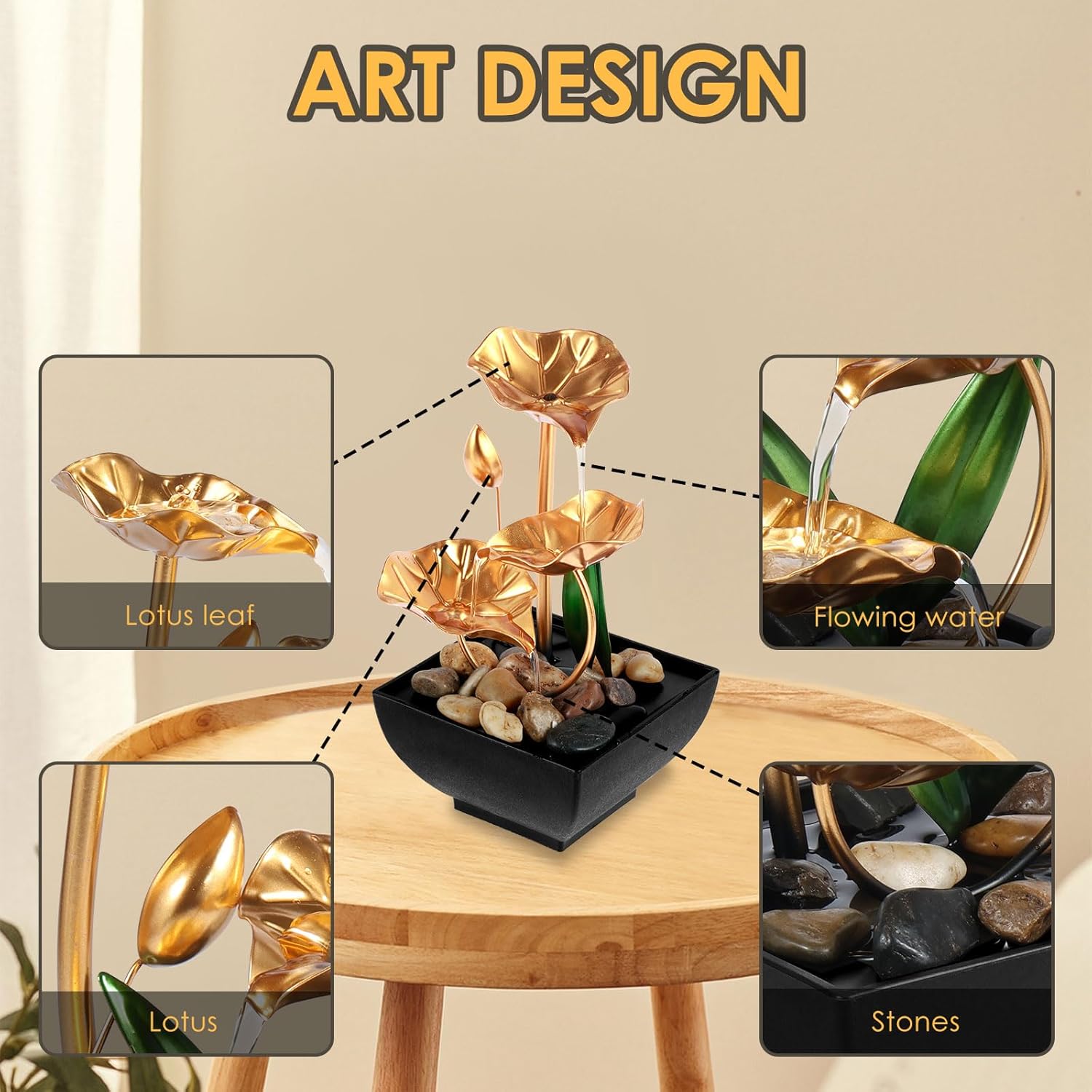 Golden 3-Leaf Lotus Tabletop Fountain USB Powered