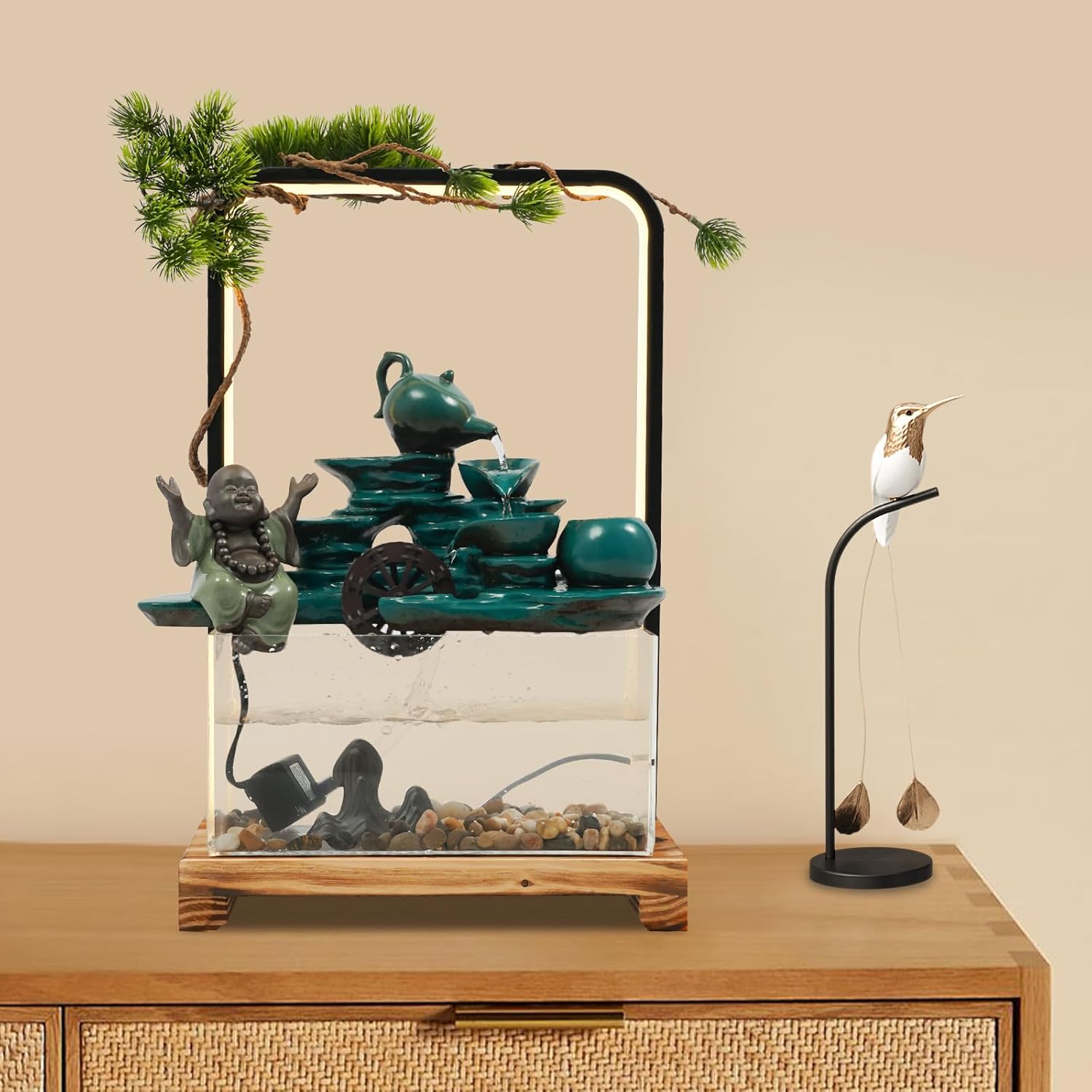 Eapmic Desktop Waterfall Fountain with Fish Tank and LED Light