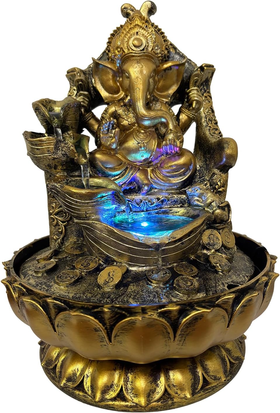 Large Ganesha Statues Indoor Tabletop Fountain with LED Lights and Zen Waterfall