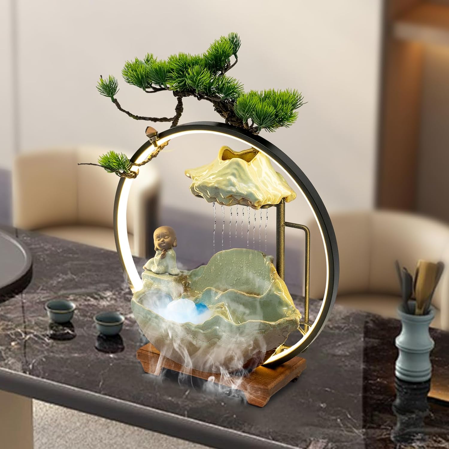 Bacacoo Desktop Water Fountain with LED Light and Meditation Monk Statue