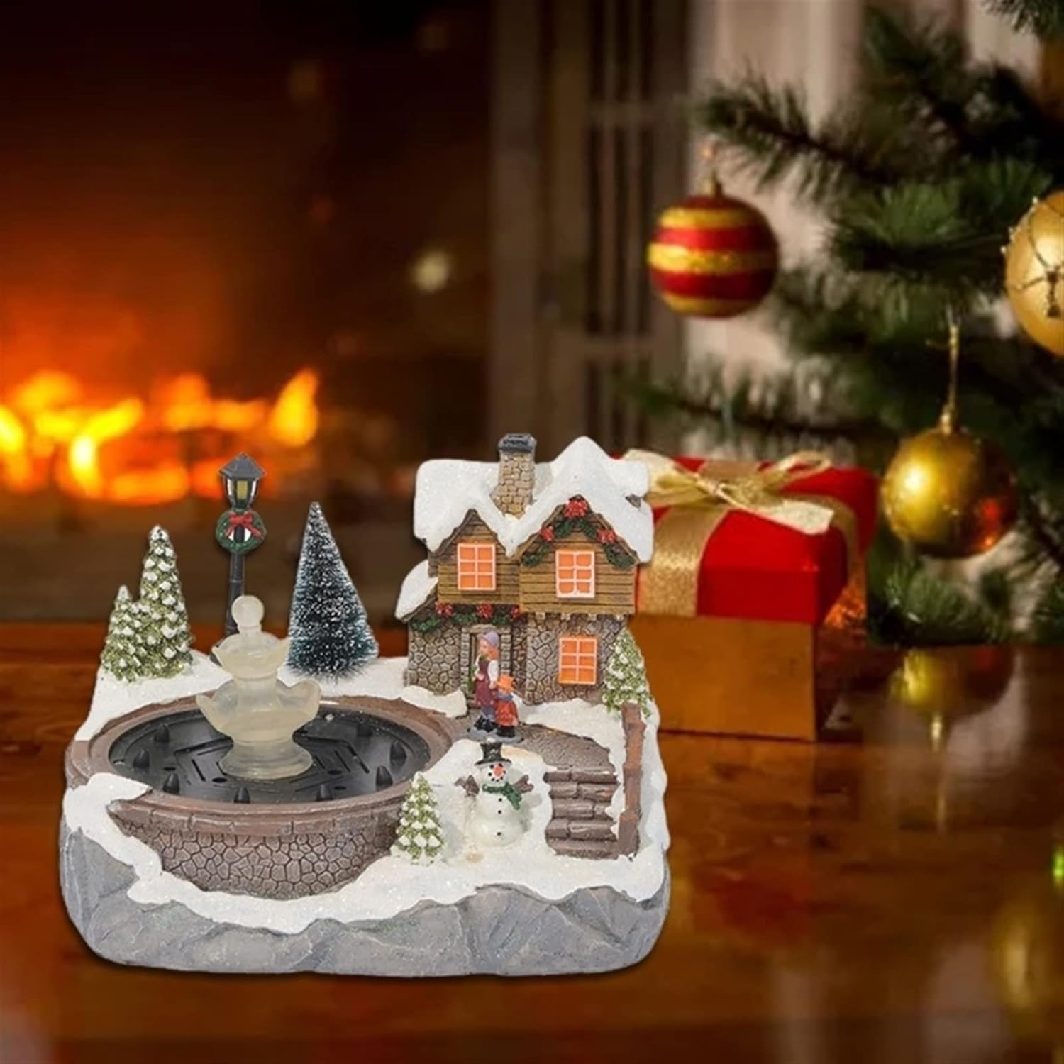 Tabletop Fountain with LED Light and Christmas Village Scene Decor