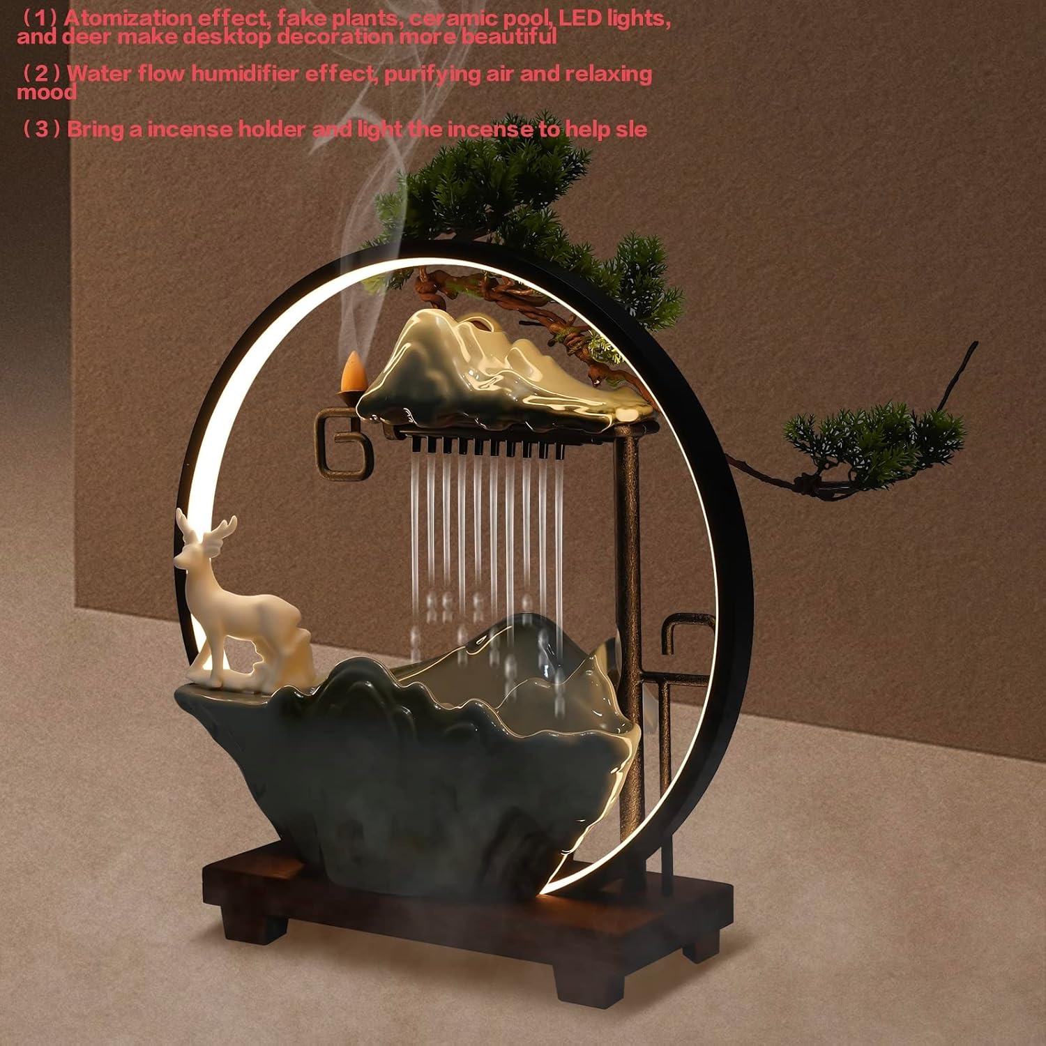 15In Water Fountain Indoor Tabletop Waterfall Humidifier with LED Light and Atomizer