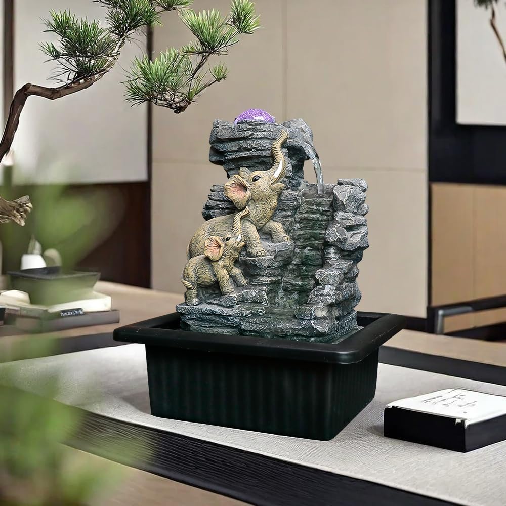 984 Inch Tabletop Fountain with Dual Elephant Statues and LED Lights