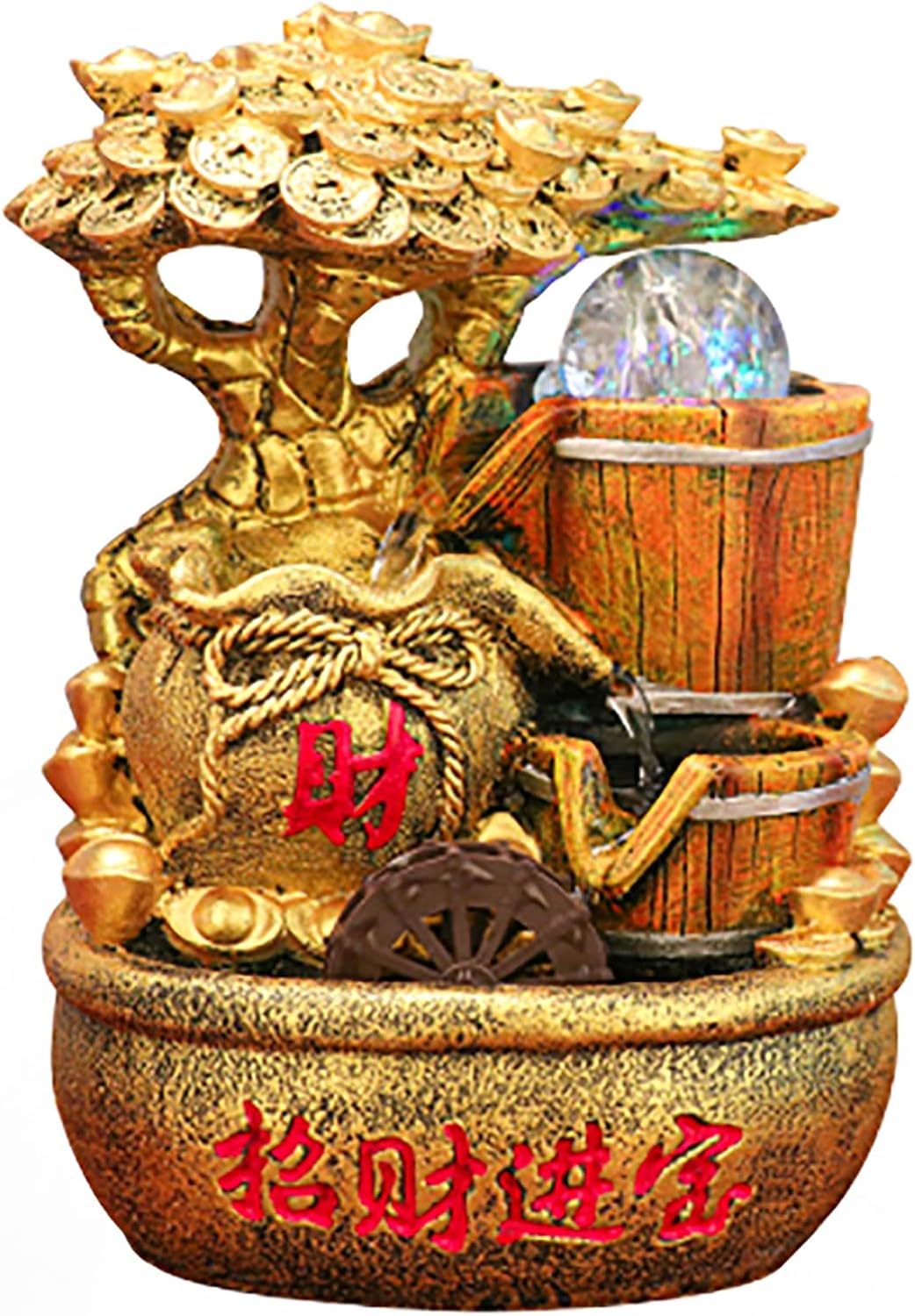 Feng Shui Water Fountain Decor with Money Tree and Light