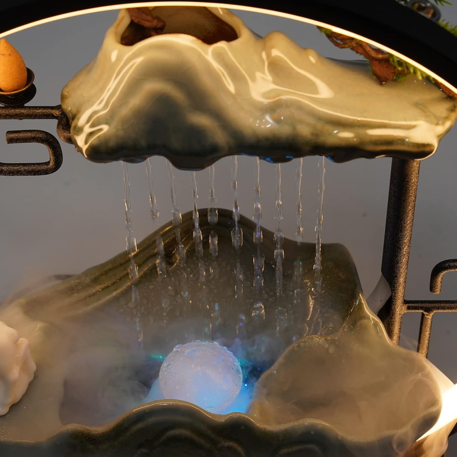 Modern Deer Style Tabletop Water Fountain with Mist LED Light for Meditation and Feng Shui Decor