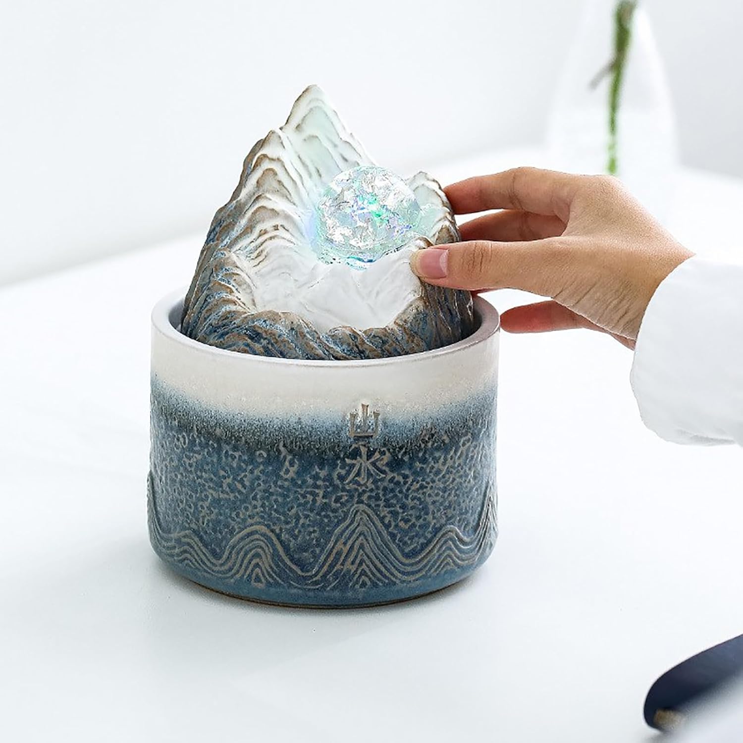 Ceramic Tabletop Water Fountain with Rolling Ball for Home and Office