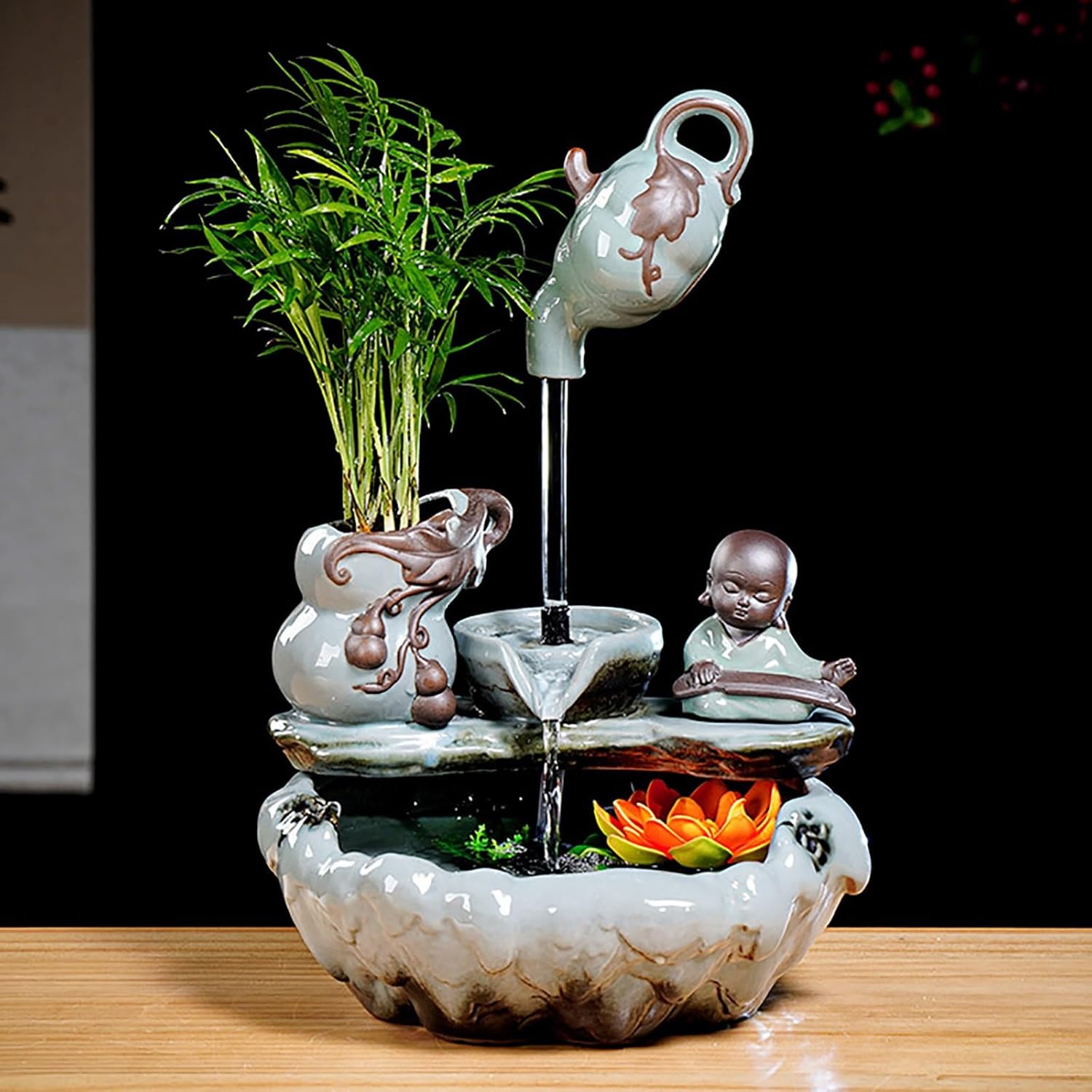 Ceramic Waterfall Fountain with Lotus Light for Home and Office