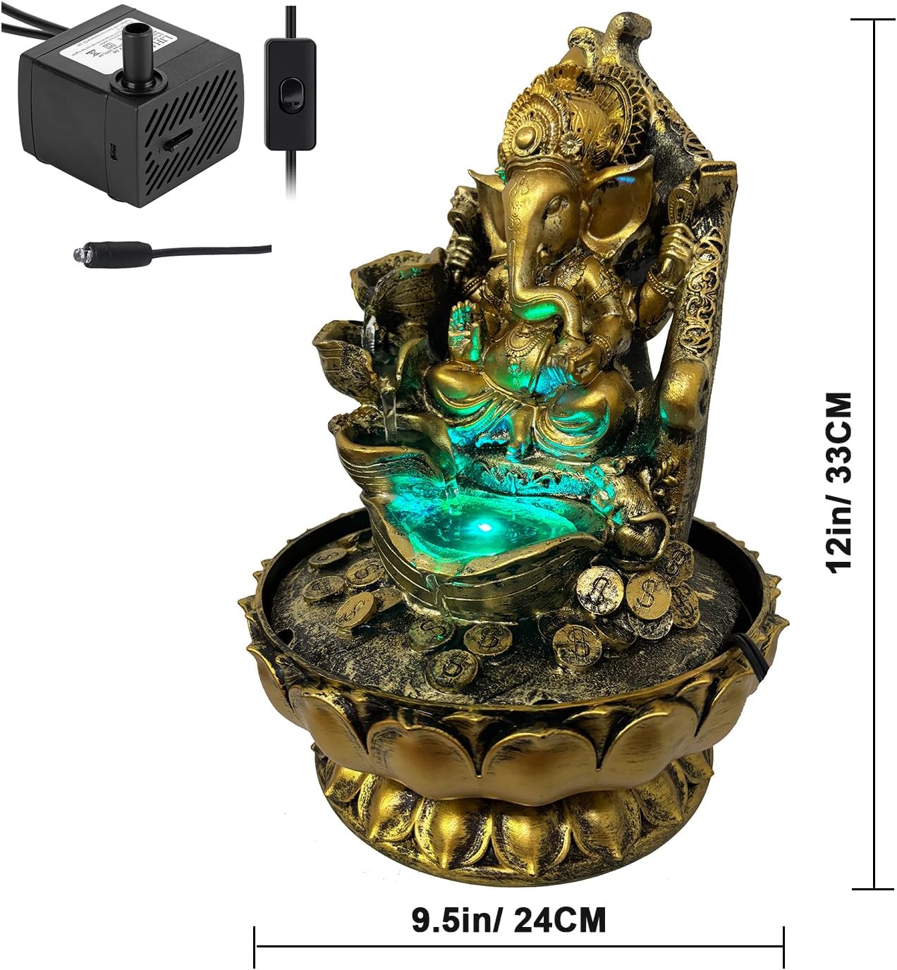 Large Ganesha Statues Indoor Tabletop Fountain with LED Lights and Zen Waterfall