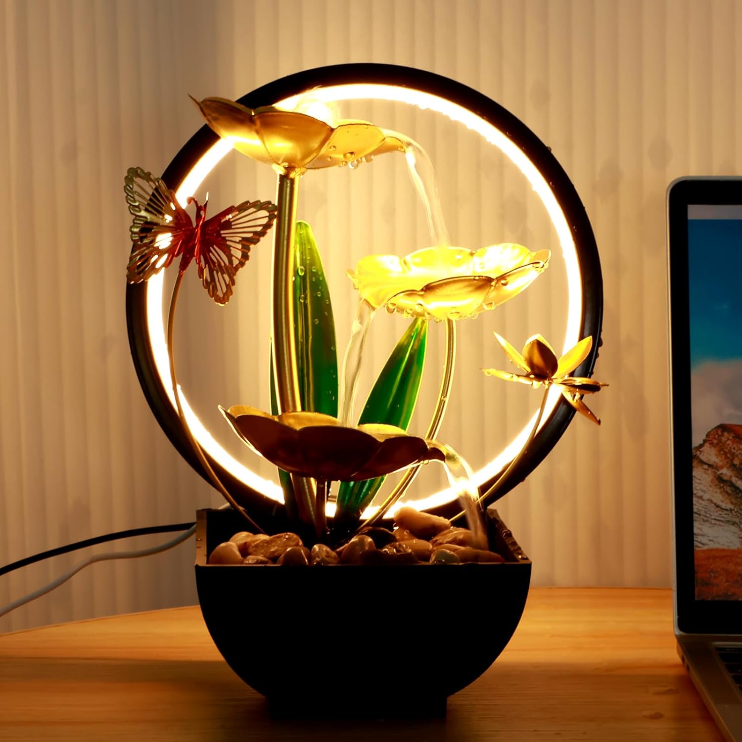 SHASUXTING USB Powered Tabletop Water Fountain with LED Light and Natural Rocks 11 Inch Tall