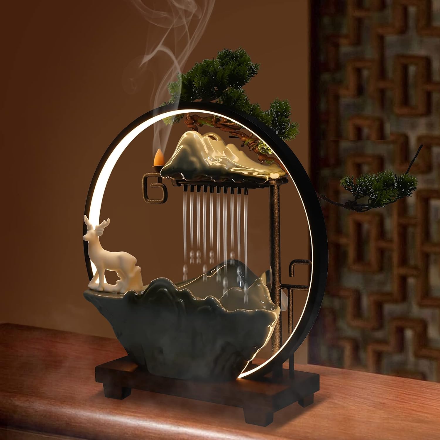 15In Water Fountain Indoor Tabletop Waterfall Humidifier with LED Light and Atomizer