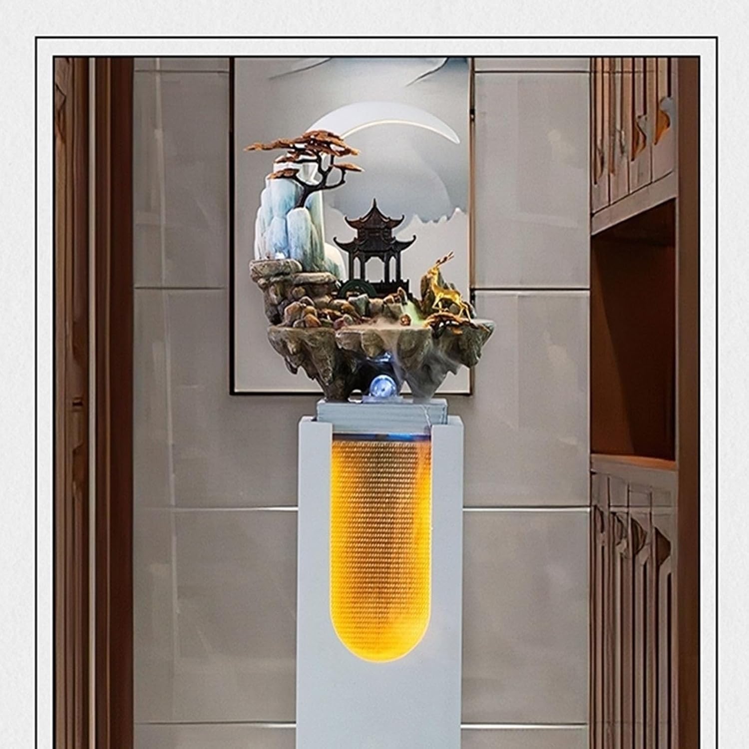 Yellow Outdoor Garden Water Fountain with LED Lights and Artificial Rockery