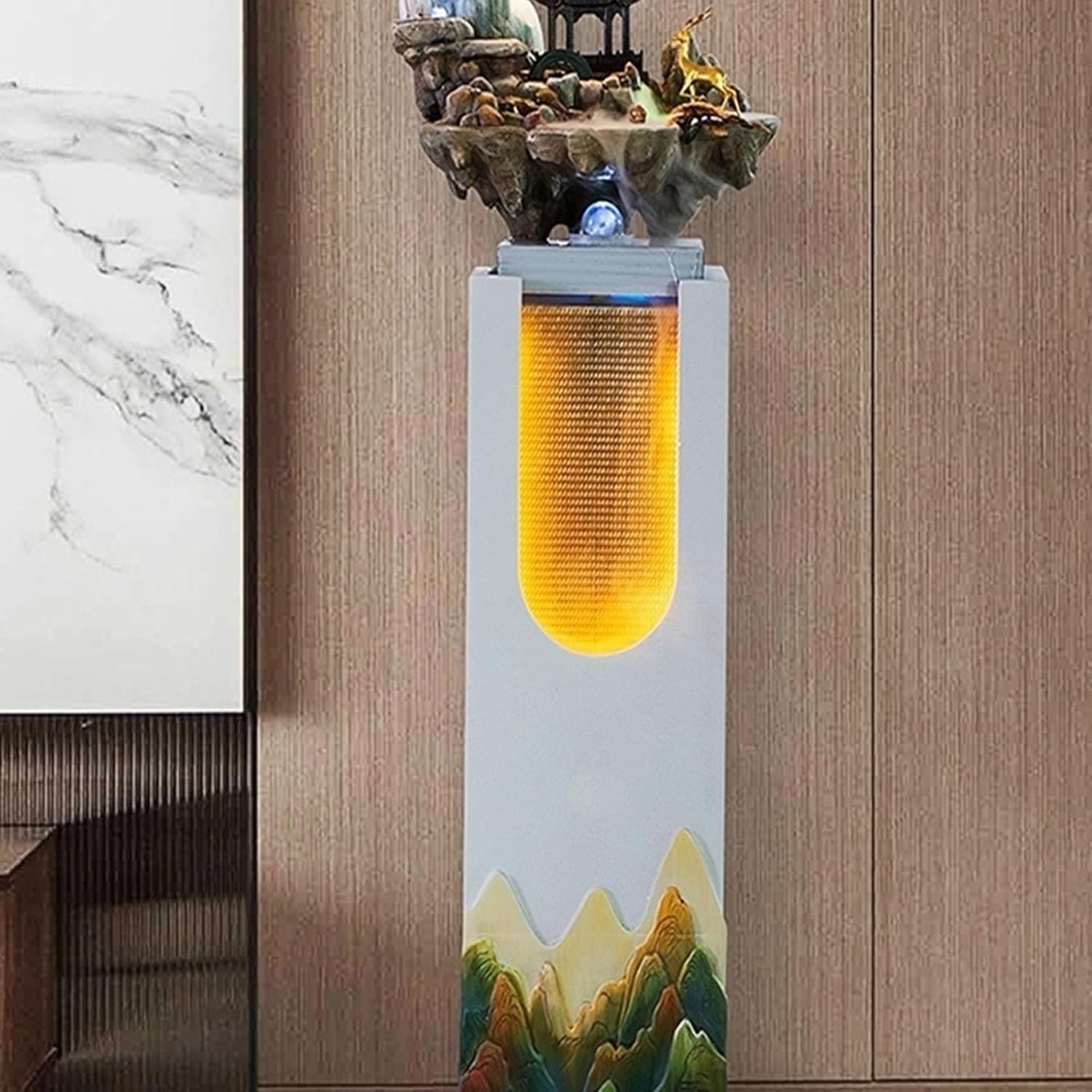 Yellow Outdoor Garden Water Fountain with LED Lights and Artificial Rockery