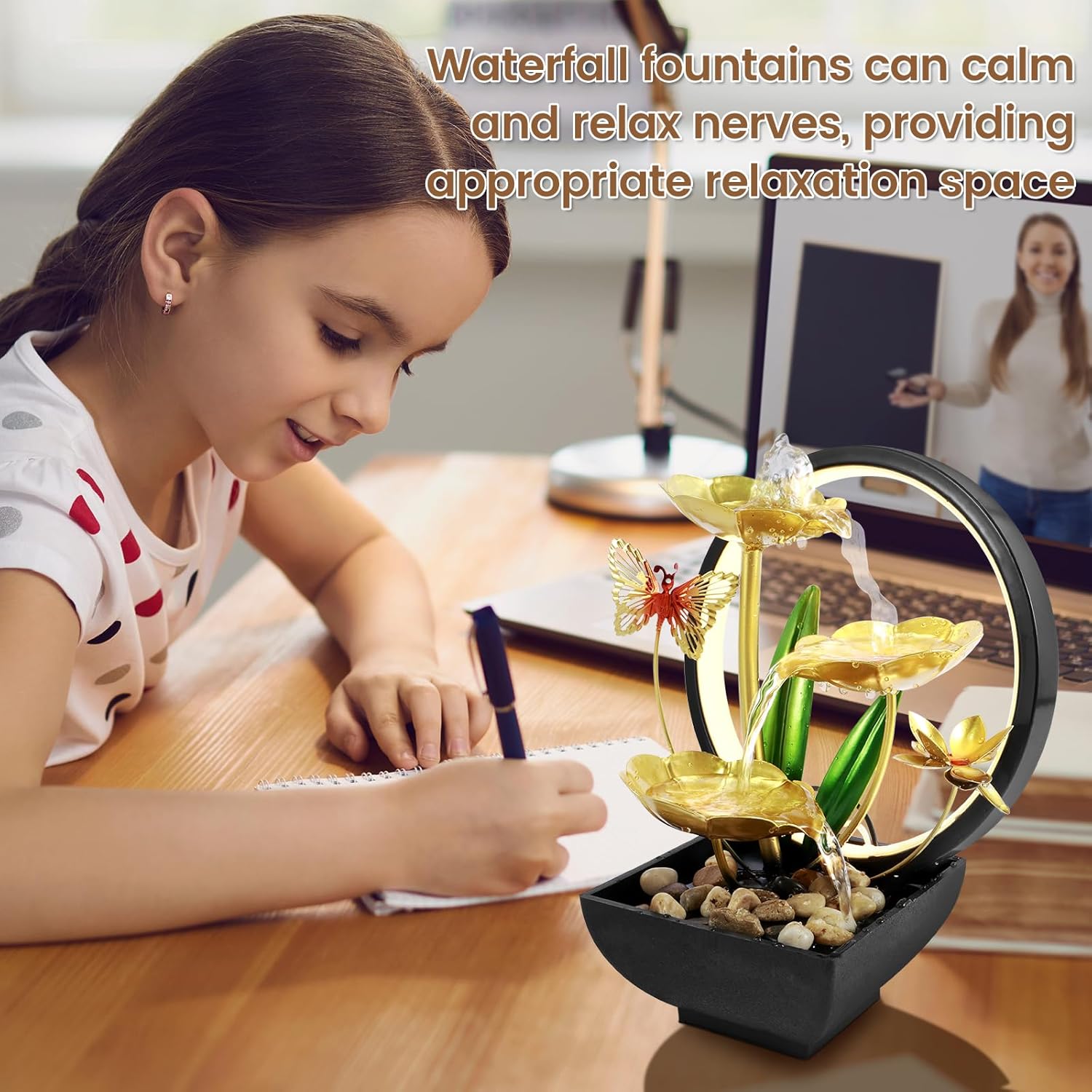 SHASUXTING USB Powered Tabletop Water Fountain with LED Light and Natural Rocks 11 Inch Tall