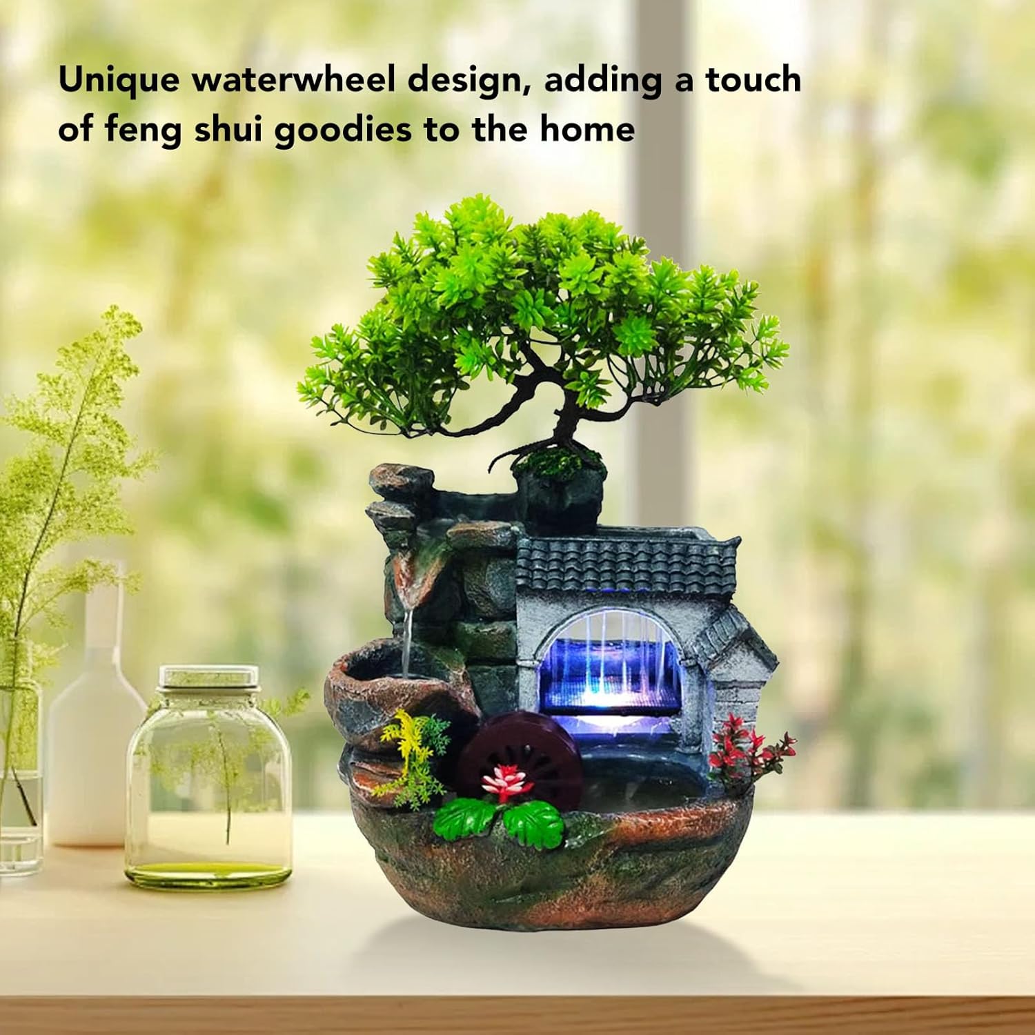 HEEPDD Tabletop Fountain with Fortune Tree and Water Wheel for Home Office Decor