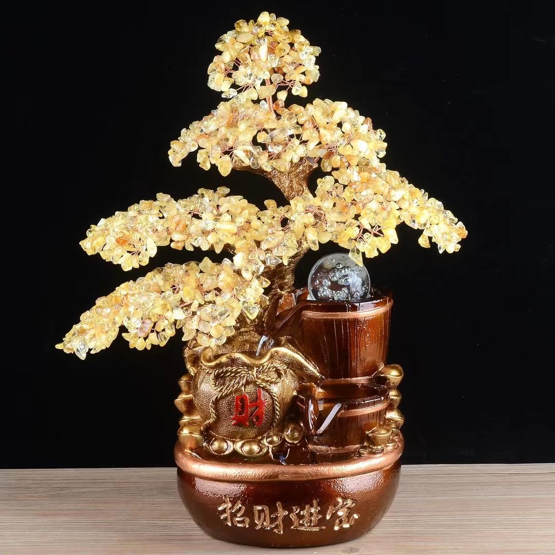 Gemstone Money Tree Water Fountain with LED Light and Lucky Bowl