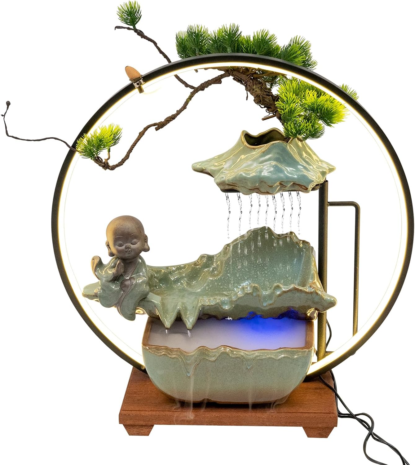 Bacacoo Desktop Water Fountain with LED Light and Buddha Statue