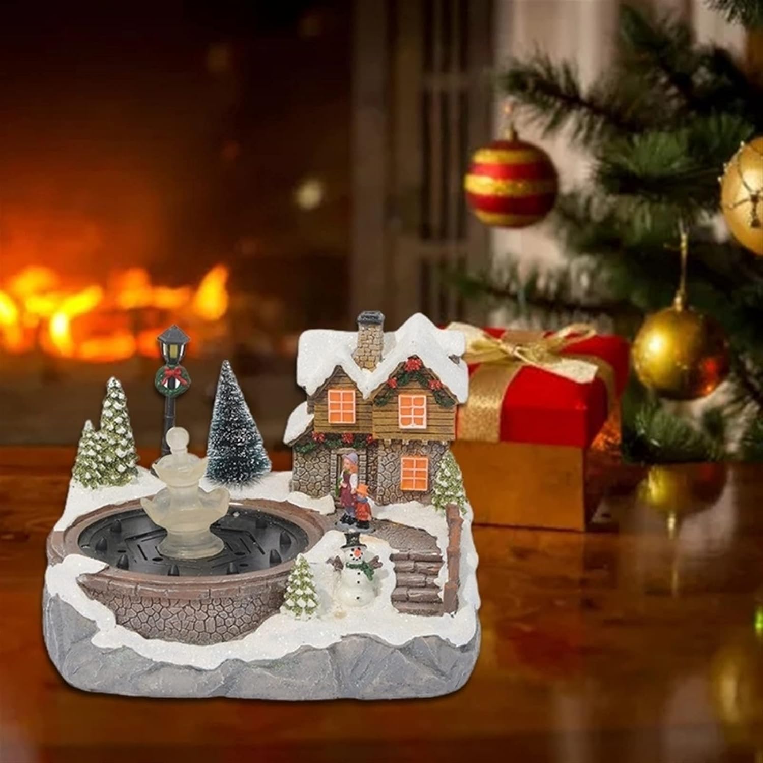 Tabletop Fountain Christmas Village Scene Decor