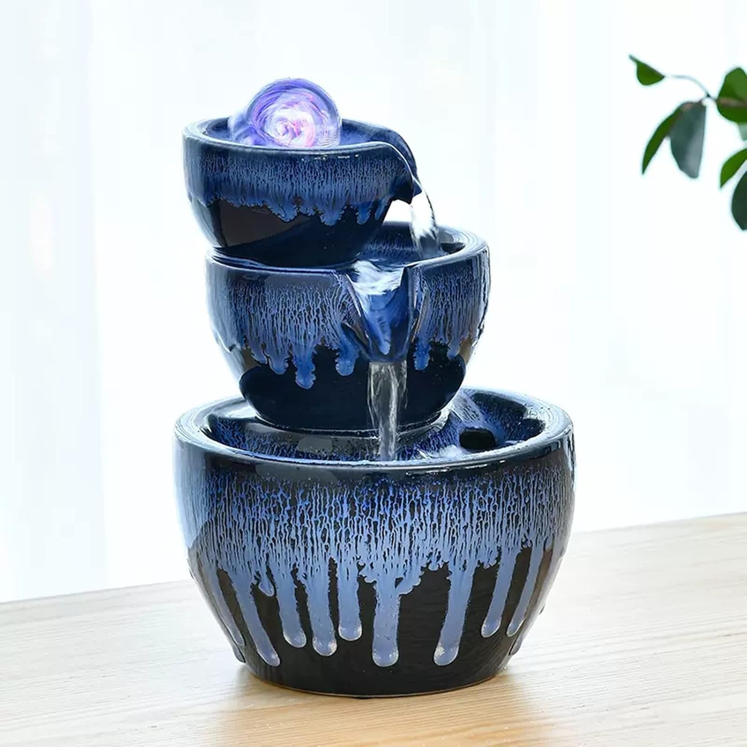DINBOZ26X 3 Layer Ceramic Tabletop Water Fountain with Rolling Ball Blue