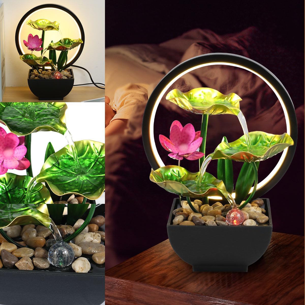 Tabletop Fountain with LED Lights and Rocks 3-Tier Leaf Waterfall for Meditation and Home Decor