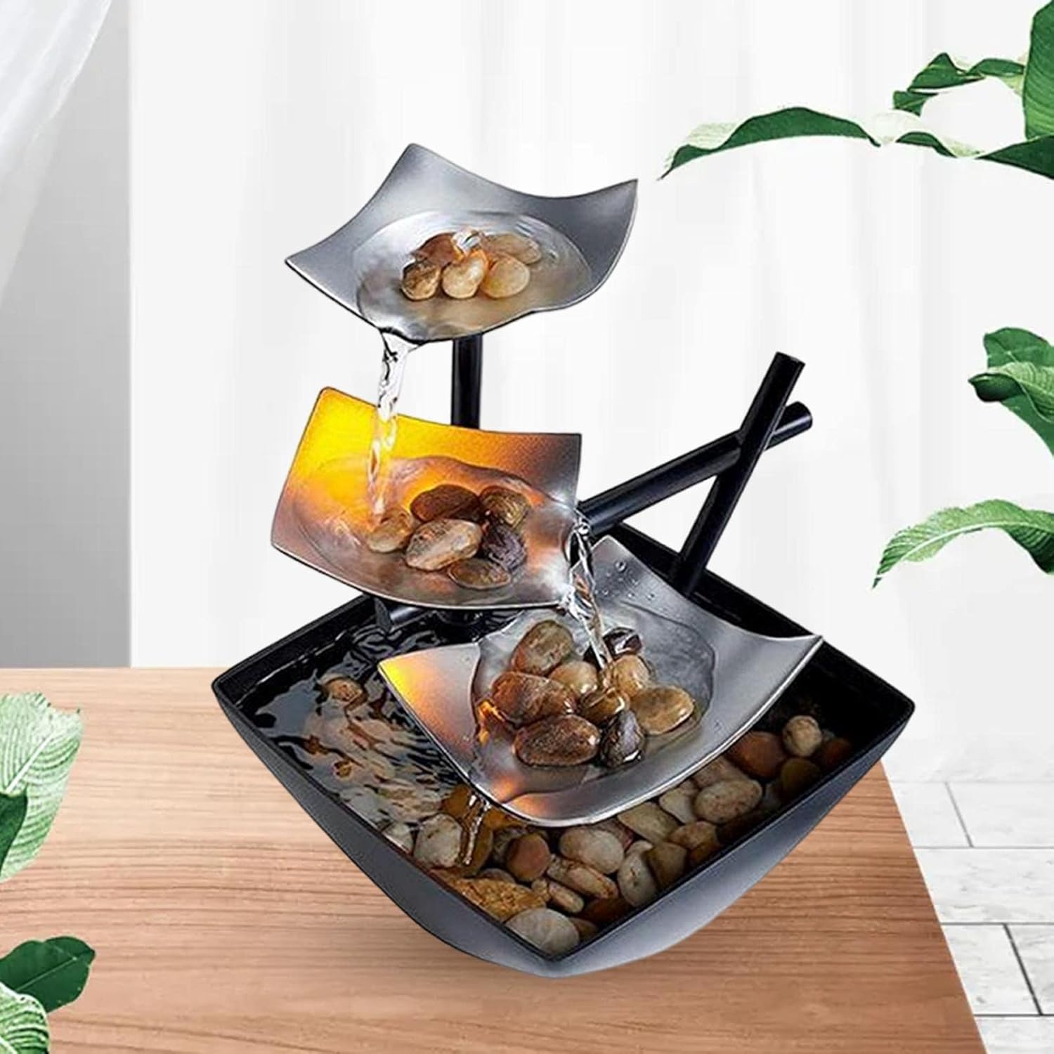 Generic Small Relaxation Tabletop Fountain USB Illuminated with Light Black Silver