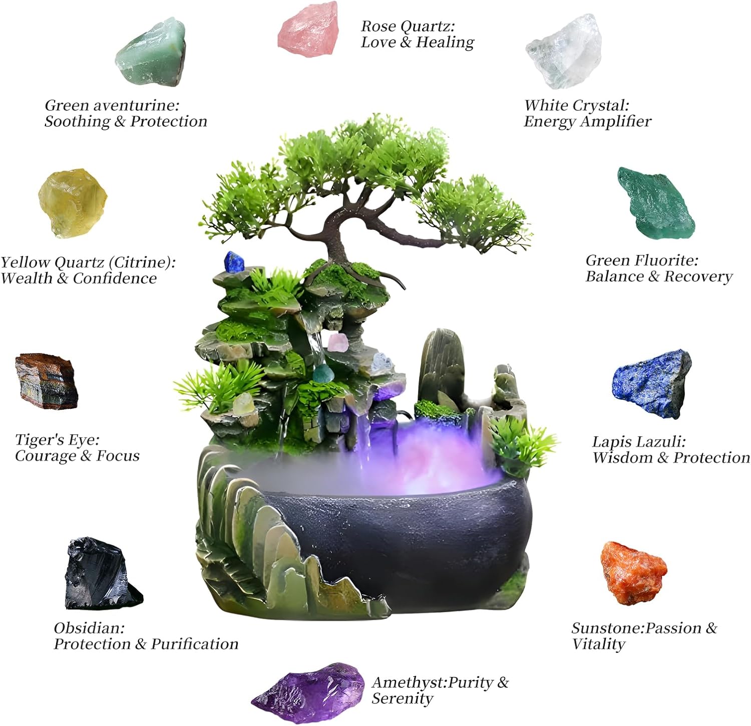 Free 10 PCS Crystal Energy Guard Tabletop Bonsai Fountain with LED Lights