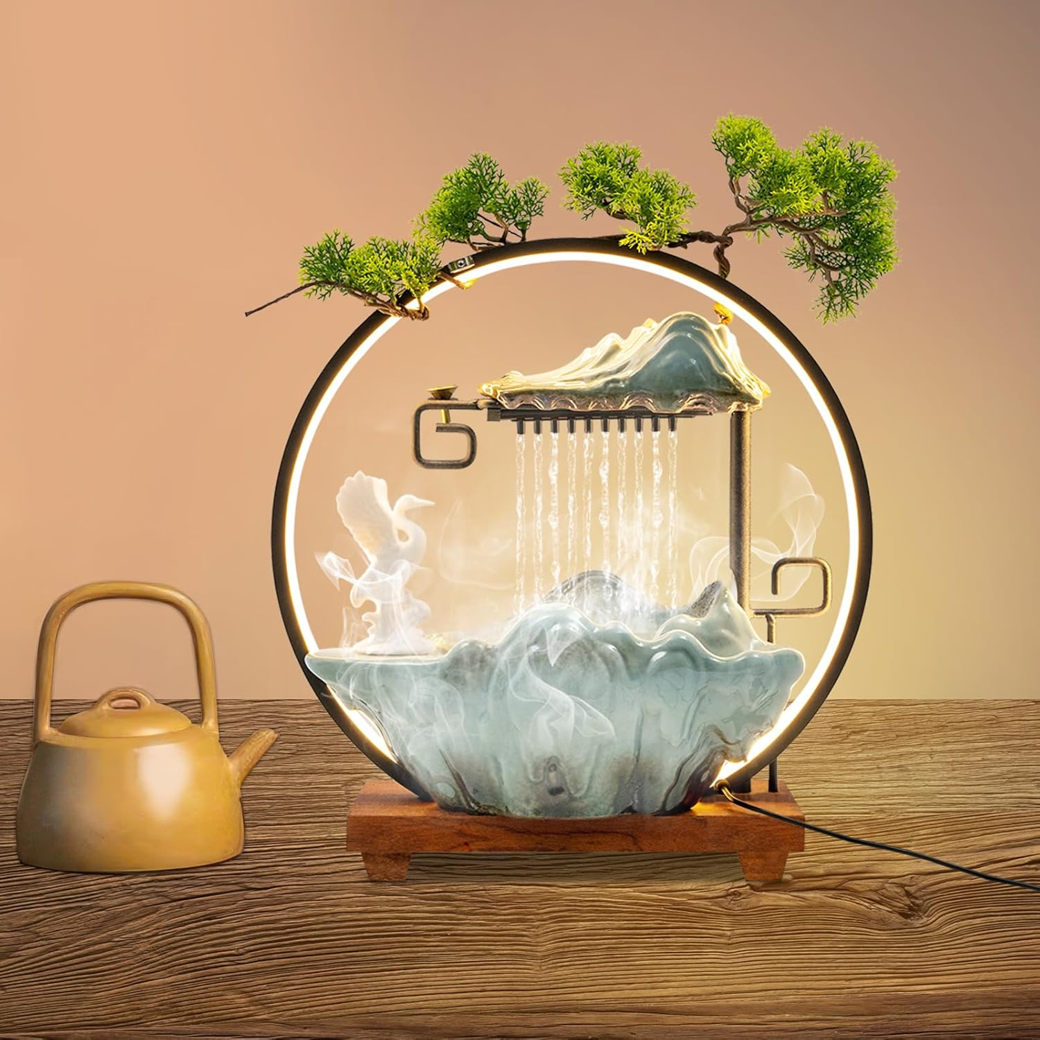 WUSILILU Tabletop Water Fountain with LED Light Ring